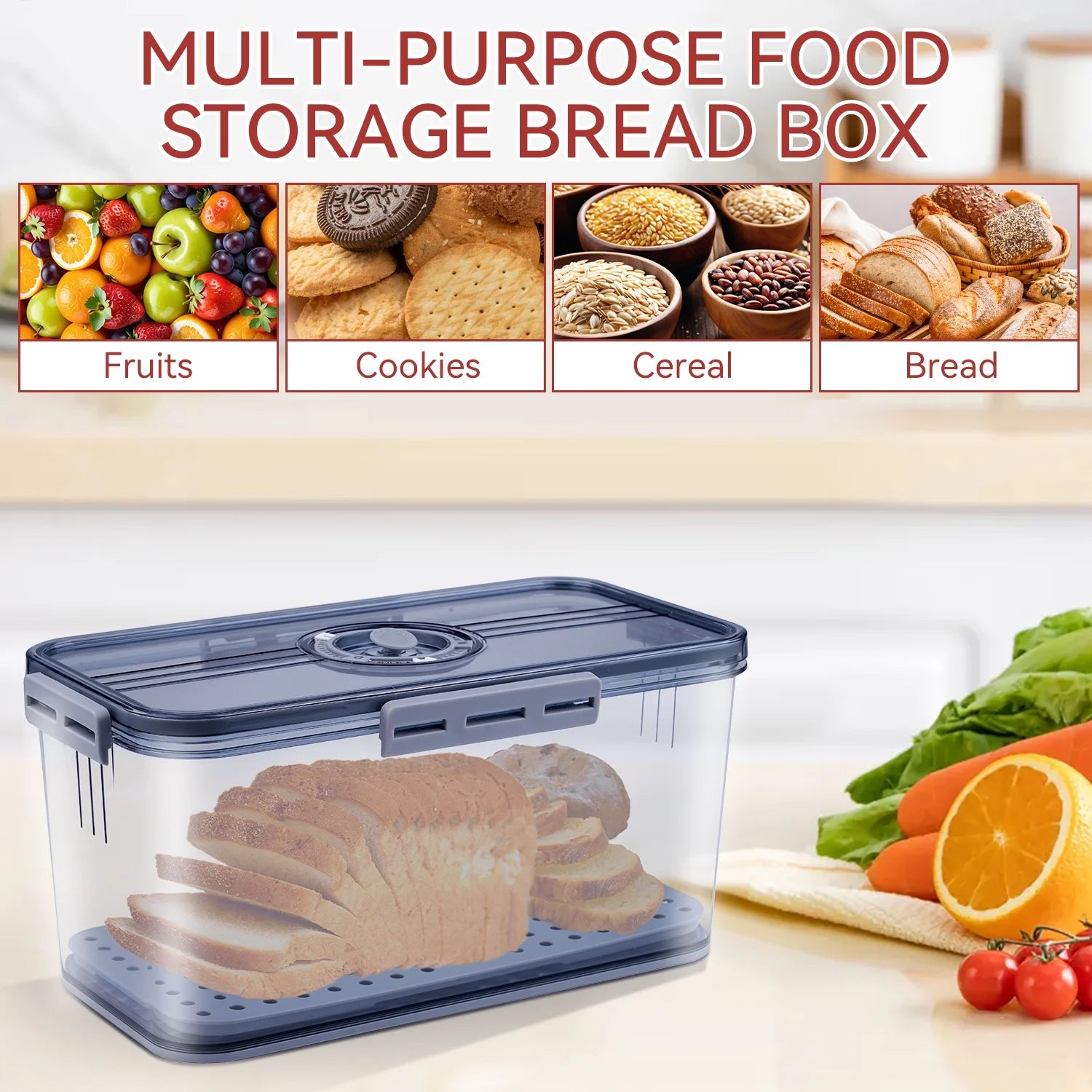 Airtight Bread Box with Lid ,Time Recording, Kitchen Countertop Storage Container,Store Bread, Toast, Donut and Fruits,Gray