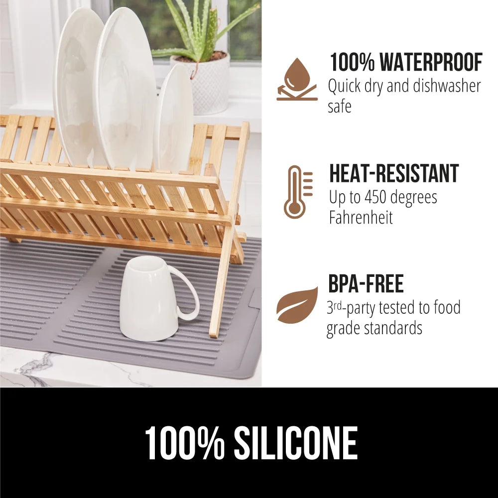 Dish Drying Mat for Kitchen Counter, Waterproof Silicone Dishwashing Mat, 13X11, Gray
