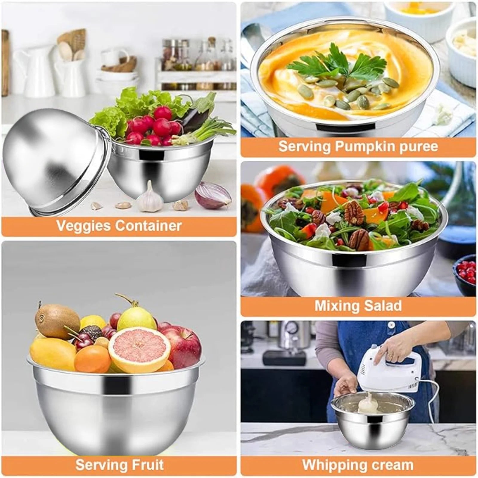 7 Pcs Mixing Bowls with Lids (5、4、3、2、1.5、1、0.75Q),21 Pcs Stainless Steel Mixing Bowls Set-Black