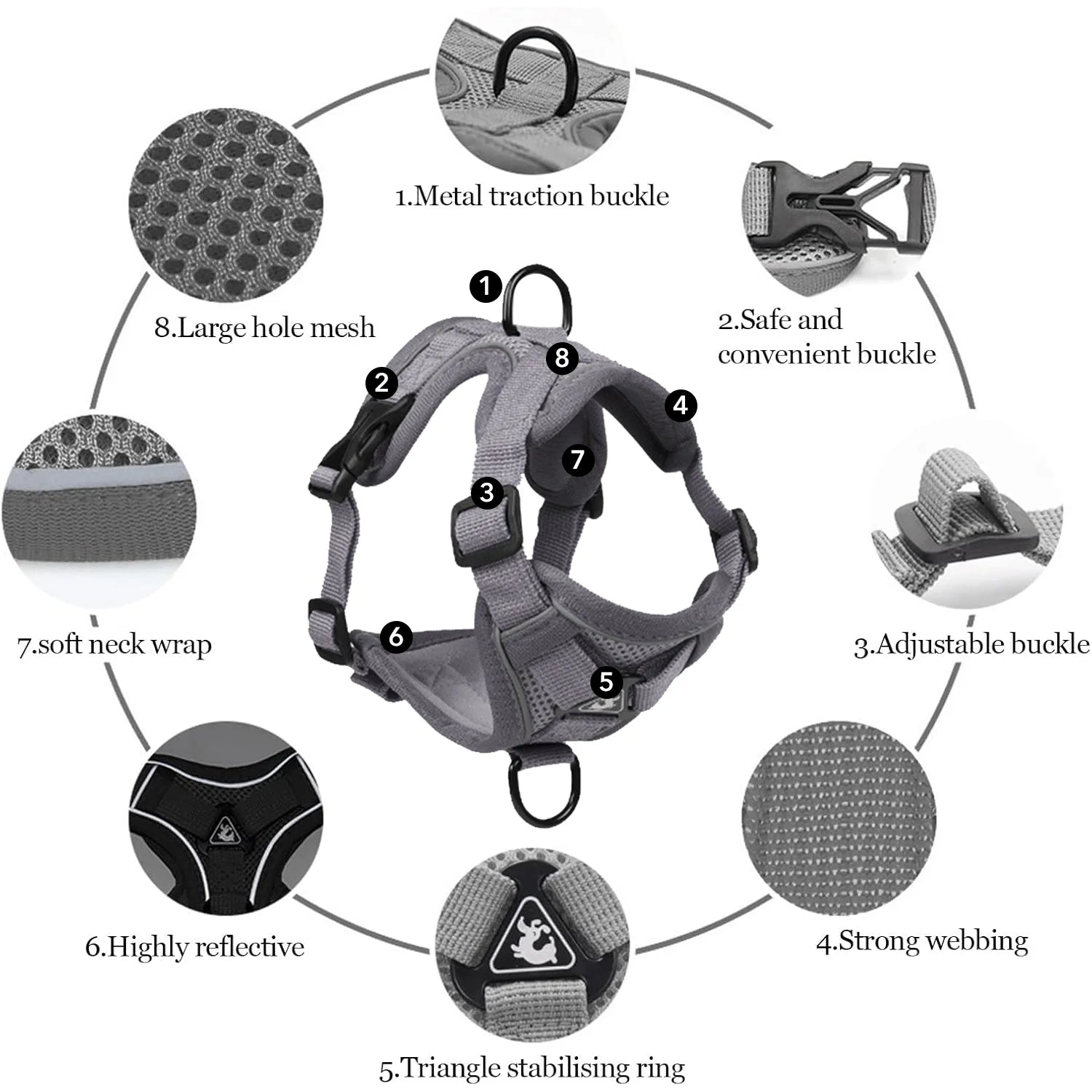 Adjustable Cat and Puppy Harness and Leash Set, Escape-Proof Soft Vest with Reflective Strips, Gray, Medium