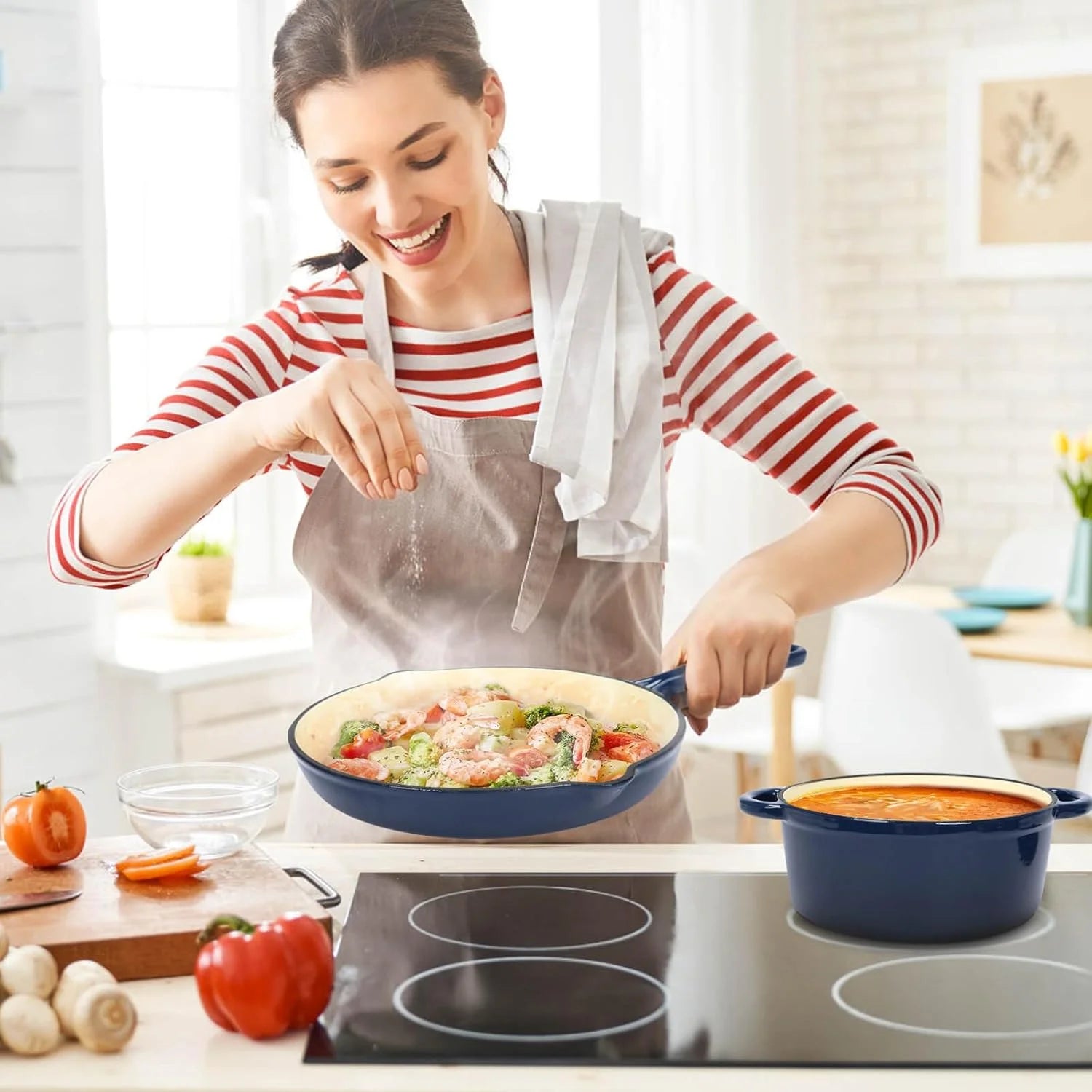 Enameled Cast Iron Cookware Set, 7 Piece Set of Dutch Ovens, Sauce Pan, Skillet, 3 Lids, Dutch Oven Set, Nonstick Ceramic Coated, Gas/Induction Compatible, PFA Free, Come with Organizer, Navy