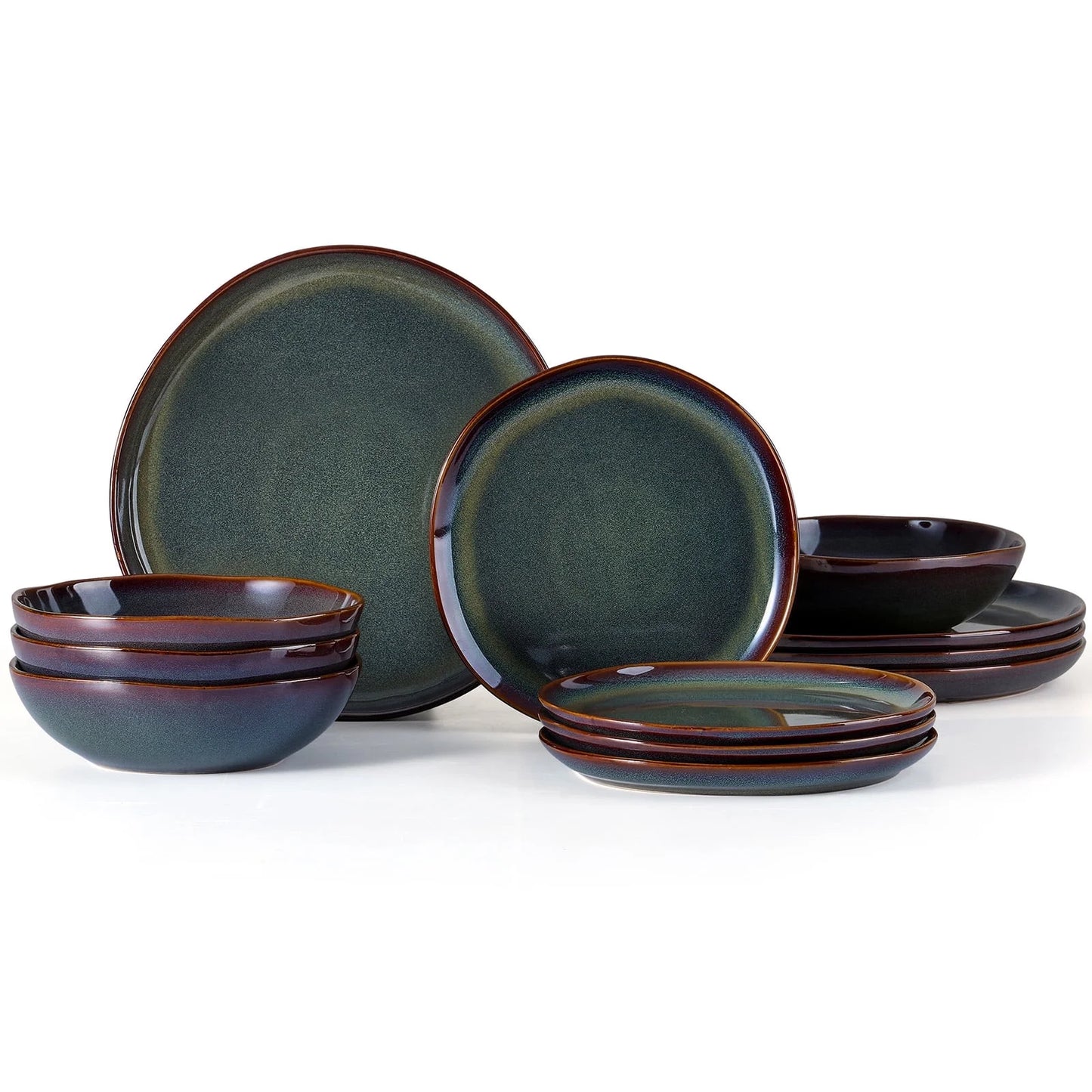 Dinnerware Set for 4, 12 Pieces Premium Stoneware Plates and Bowls Set, Handmade Reactive Glaze Dishes for Home, Chip & Scratch Resistant, Microwave and Dishwasher Safe - Forest Green