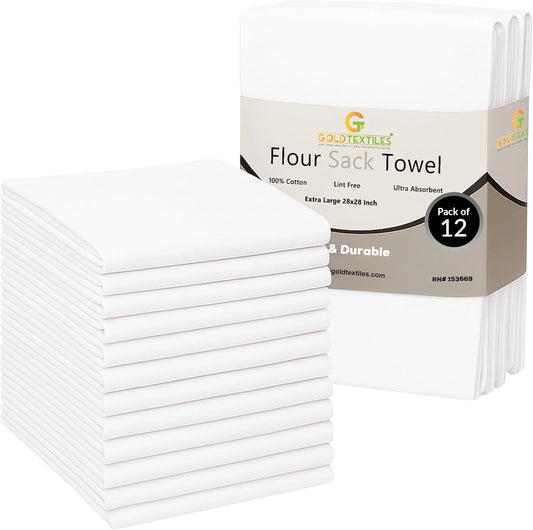 Flour Sack Towels 12 Pack Cotton Kitchen Towels (28X 28) Inches –Multipurpose Soft & Absorbent