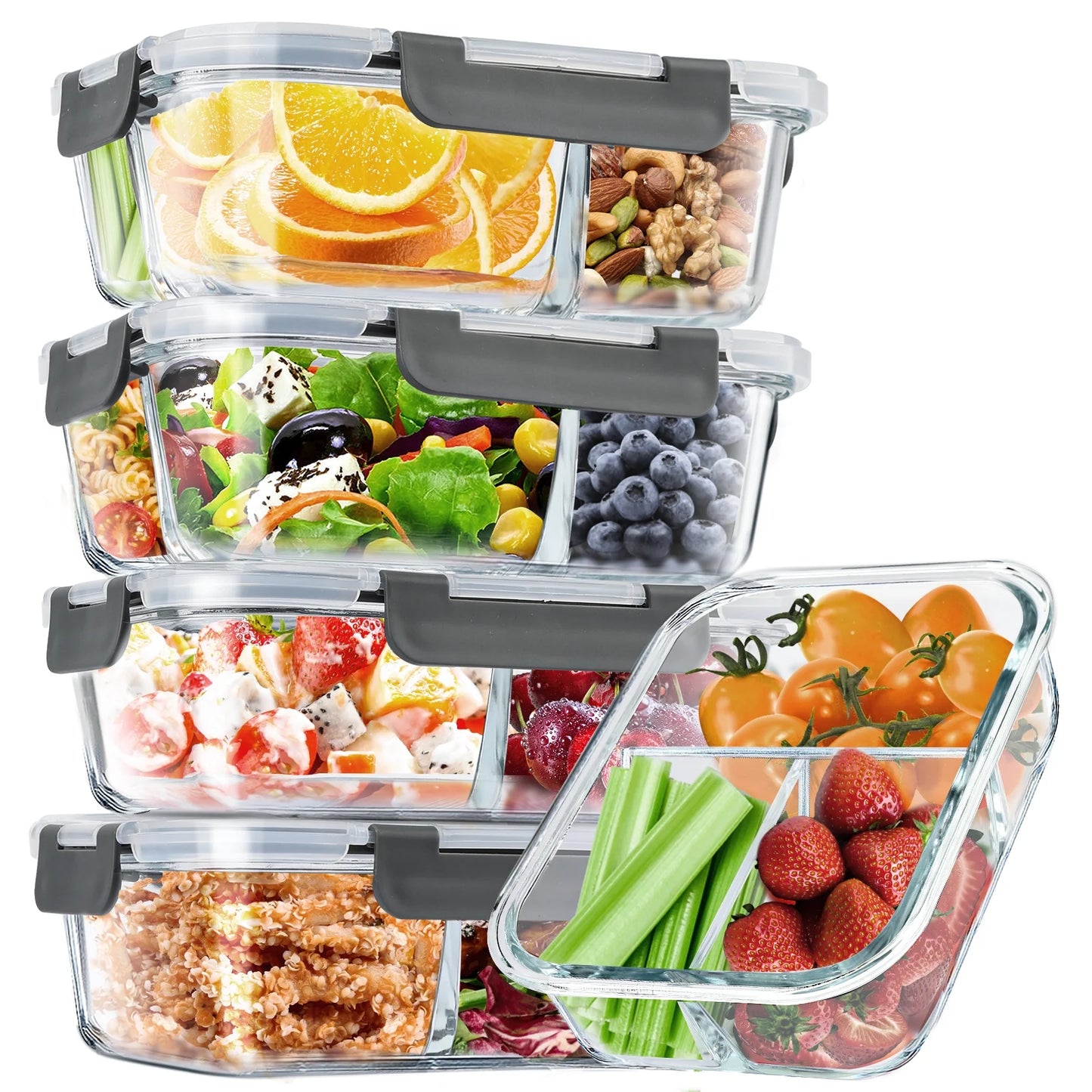 8 Pcs Glass Food Storage Containers with Lids, 2 & 3 Compartment Glass Airtight Meal Prep Containers (4 Containers & 4 Lids), Oven & Freezer Safe, Leak Proof - Grey
