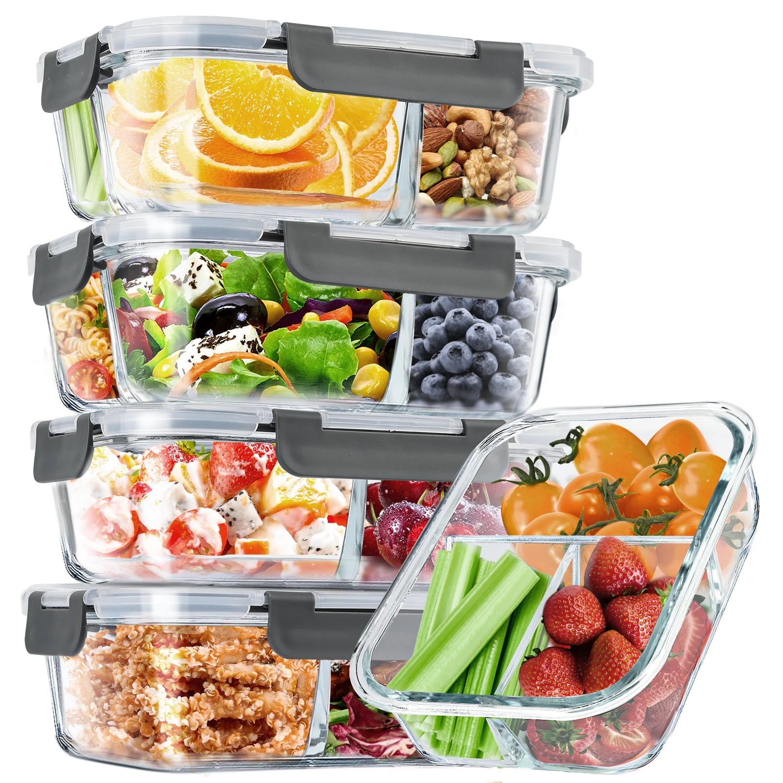 8 Pcs Glass Food Storage Containers with Lids, 2 & 3 Compartment Glass Airtight Meal Prep Containers (4 Containers & 4 Lids), Oven & Freezer Safe, Leak Proof - Grey