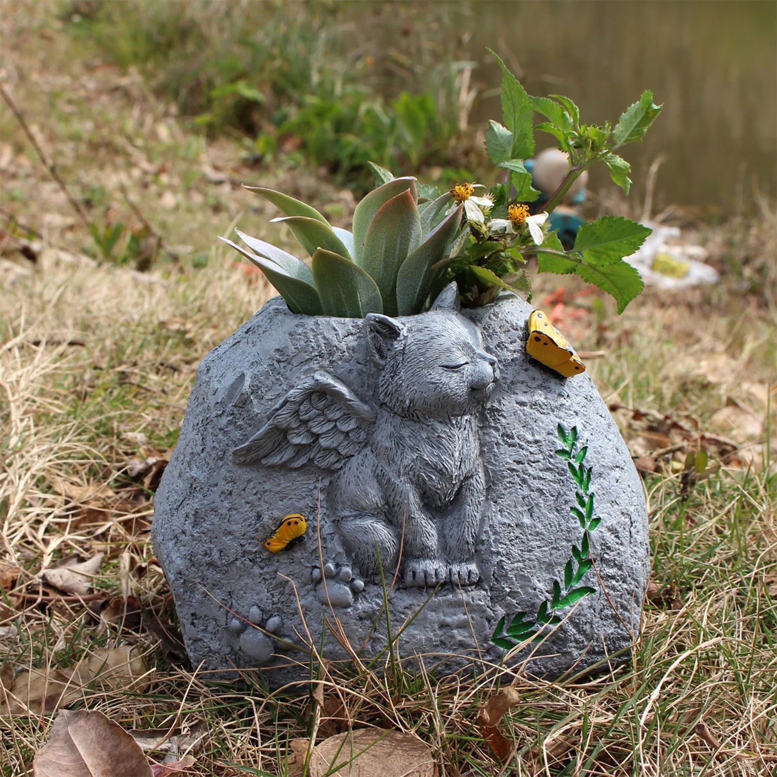 Pet Dog Monument Planter,Resin Simulation Memorial Stone,Creative Flower Pot for Pet Tombstones,Durable & Weatherproof Design