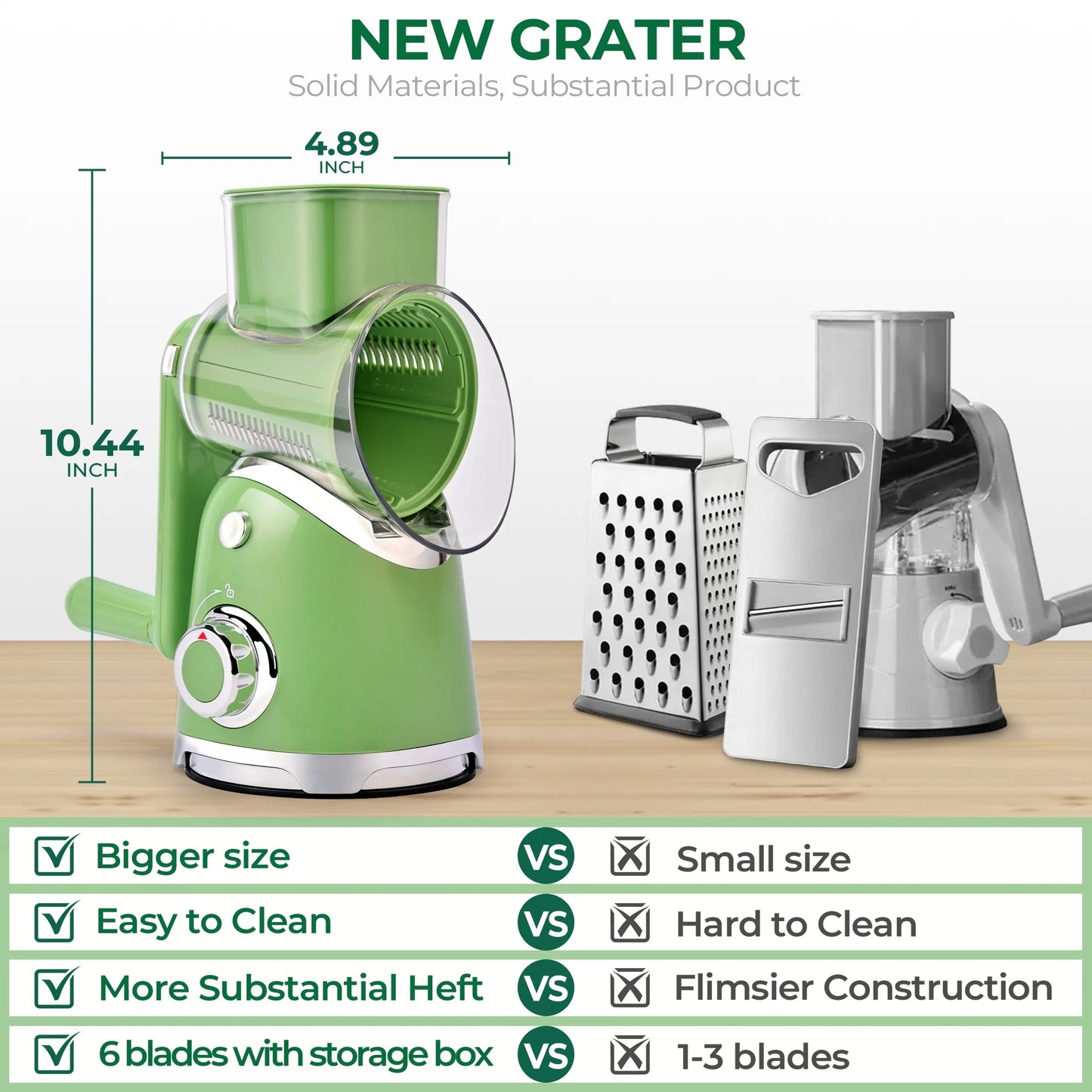 Rotary Cheese Grater with Handle, Vegetable Slicer with 6 Interchangeable Blades, Reinforced Suction, Easy to Clean, Blade Storage Case, Kitchen Shredder for Crushed Ice, Fruits and Nuts