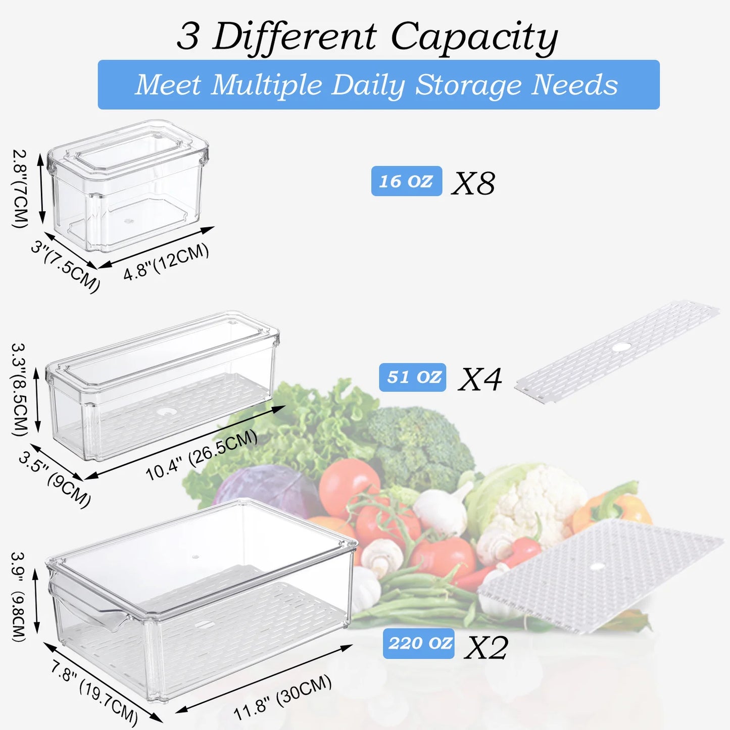 14 Pcs Fridge Organizers and Storage, Clear, Stackable with Lids for Fruit & Vegetables
