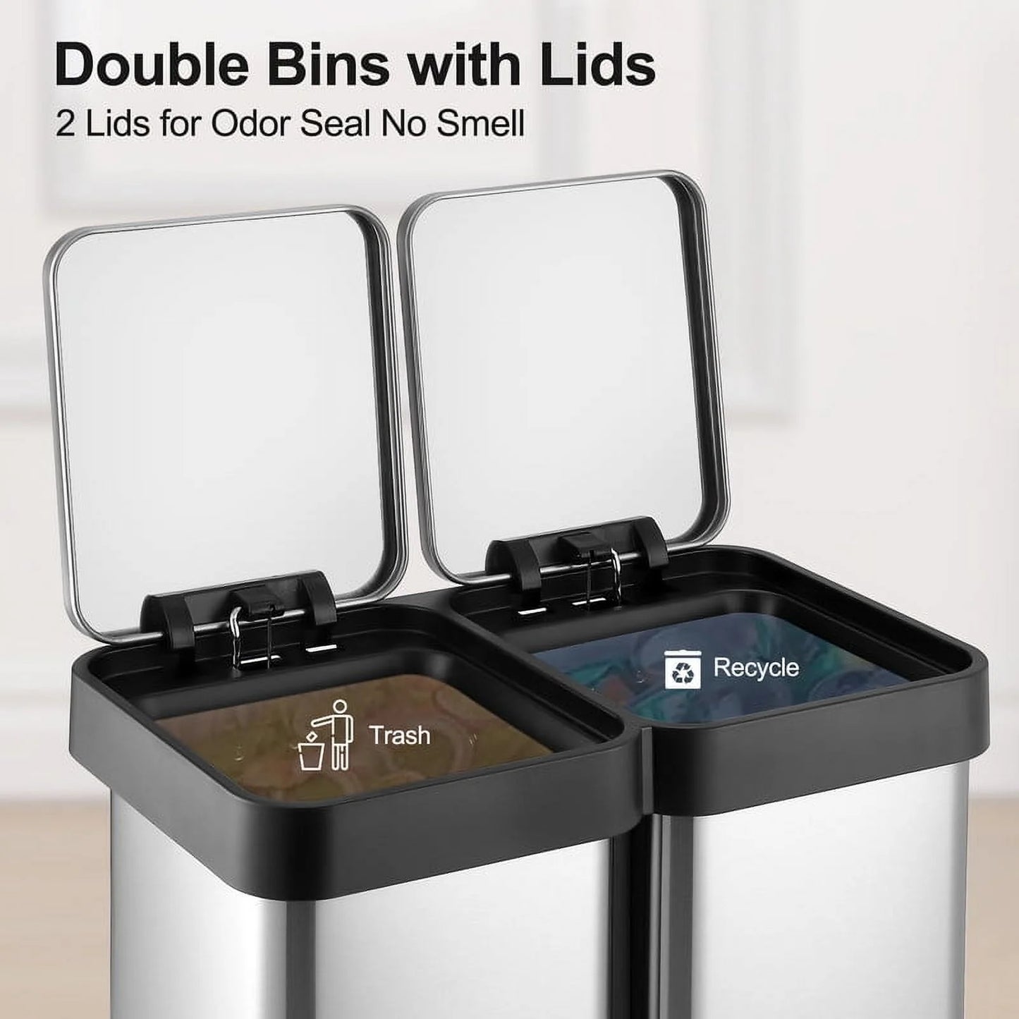 16 Gal Dual Garbage Can & Recycle Bin, 2 Compartments & 2 Pedal