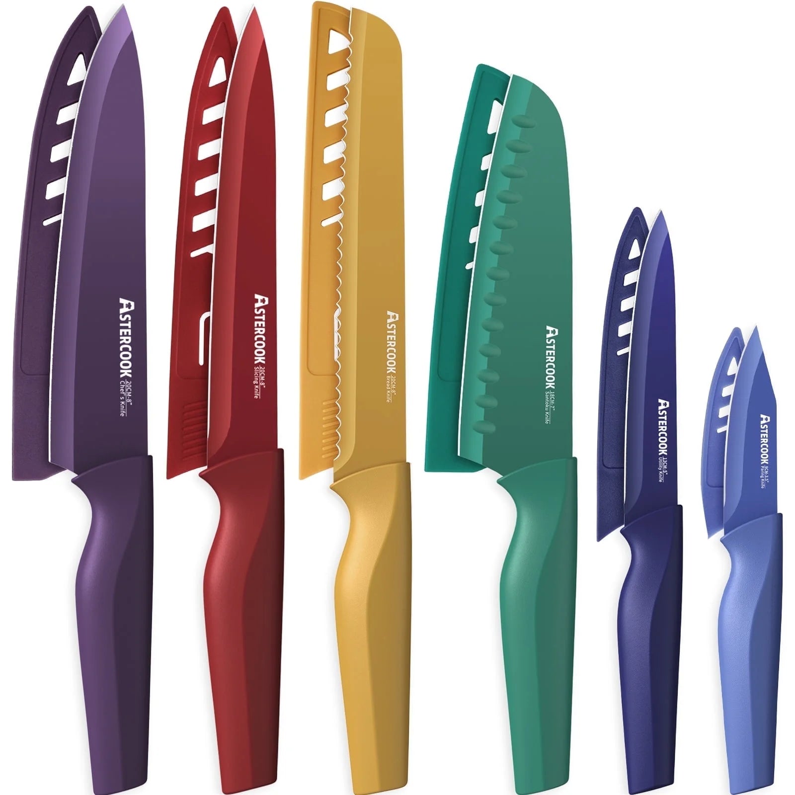 6 Piece Color-Coded Kitchen Knife Set, Stainless Steel Chef Knives with 6 Anti-Rust Coating Blades and Blade Guards, Dishwasher Safe