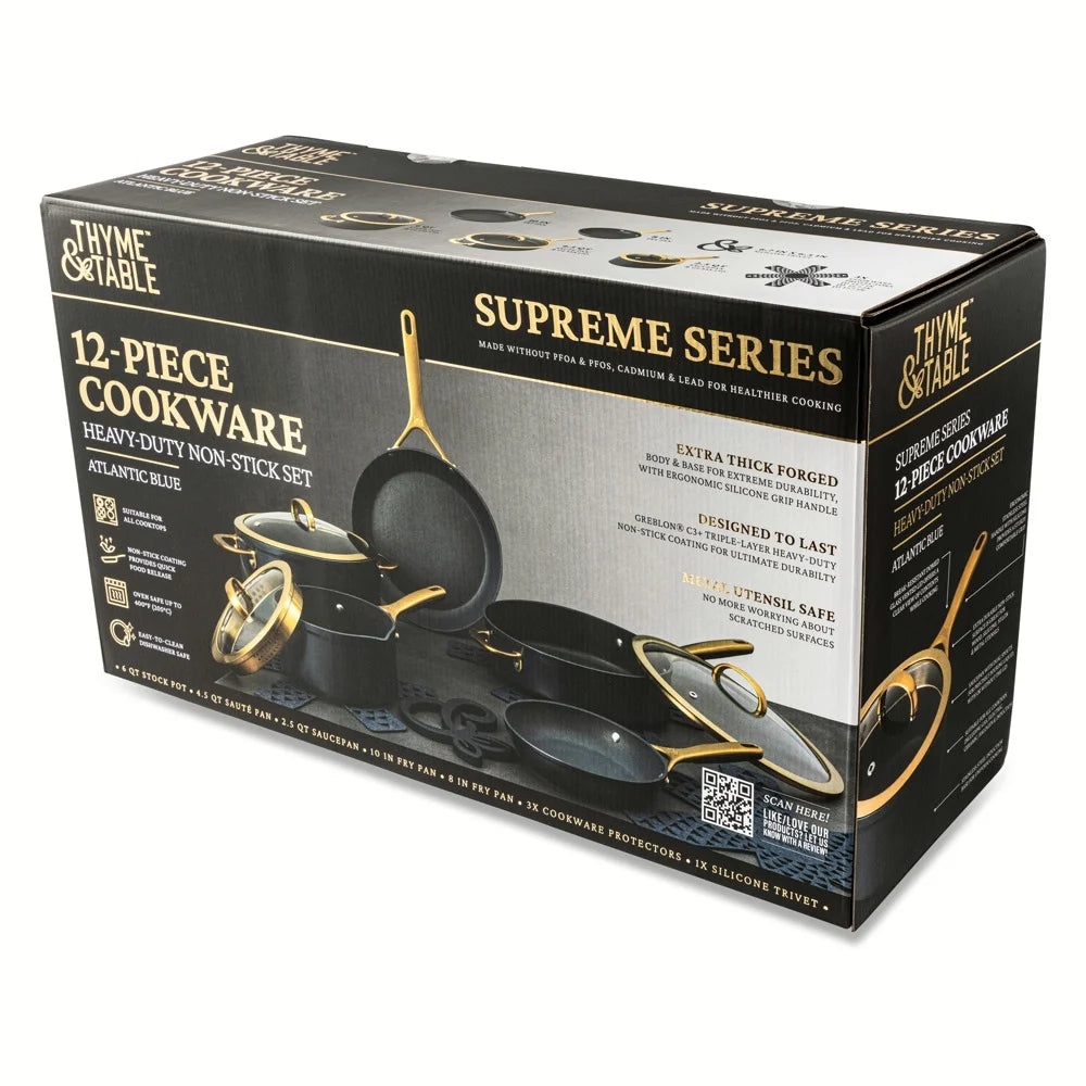 12-Piece Non-Stick Supreme Collection Cookware Set, Pots and Pans Set - Atlantic Blue