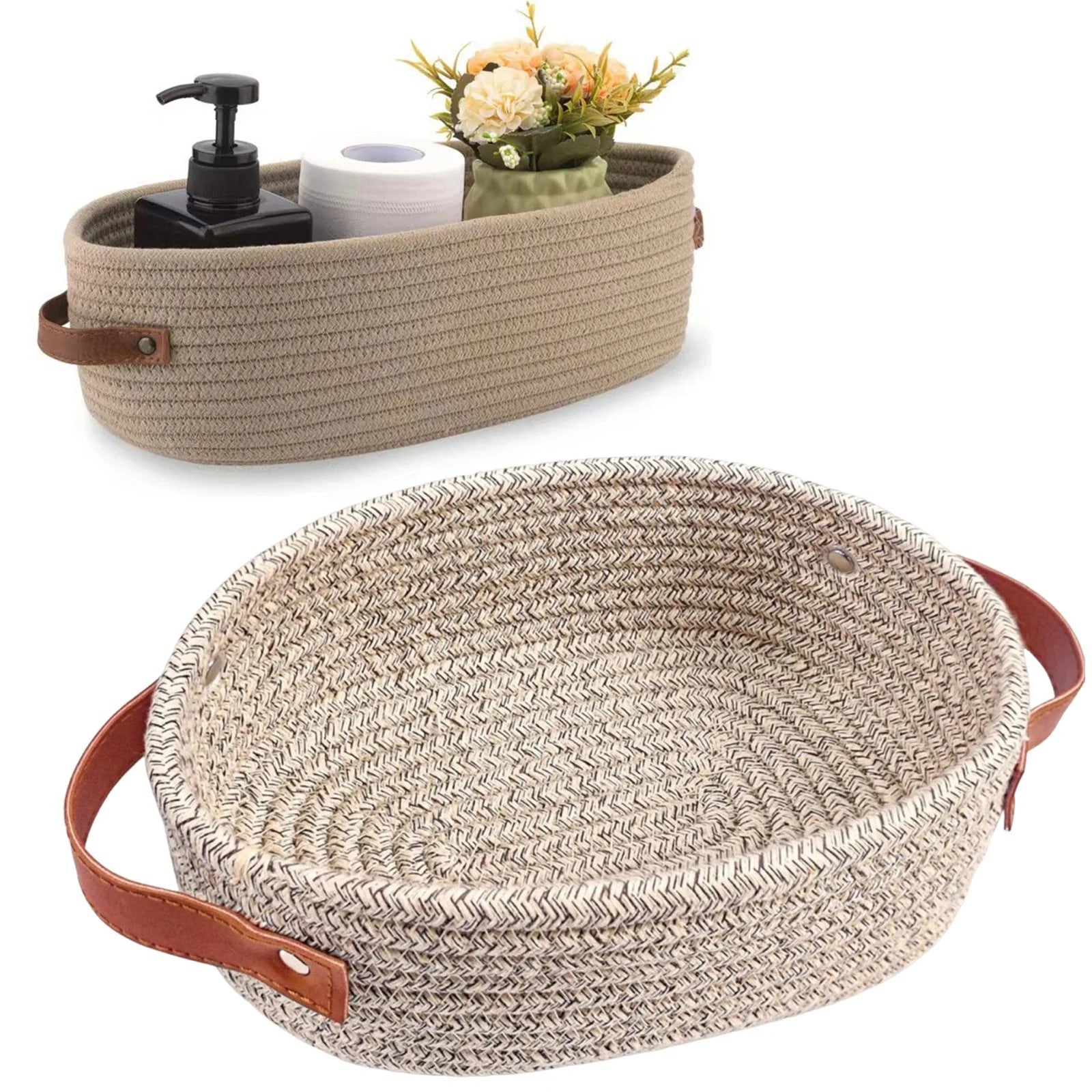 Clearance Small Woven Basket Mini Cotton Rope Storage Basket Tiny White Easter Basket Shelf Basket Oval Decorative Basket Empty Gift Basket for Home & Kitchen Khaki