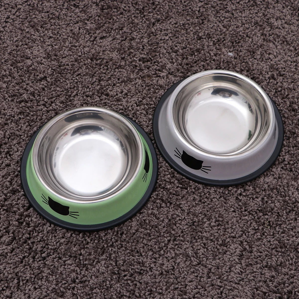 2Pc Stainless Steel Cat Bowl for Dish Water Dog Food Bowl Pet Kitten Cat Feeder (Grey and Green)
