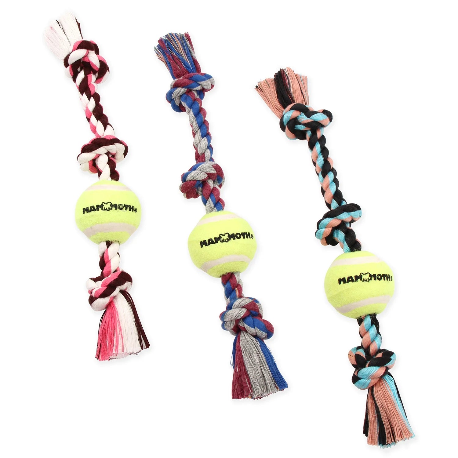 Flossy Chews Cotton Blend 3-Knot Tug Rope Dog Toy with Mini Tennis Ball, 11 Inches