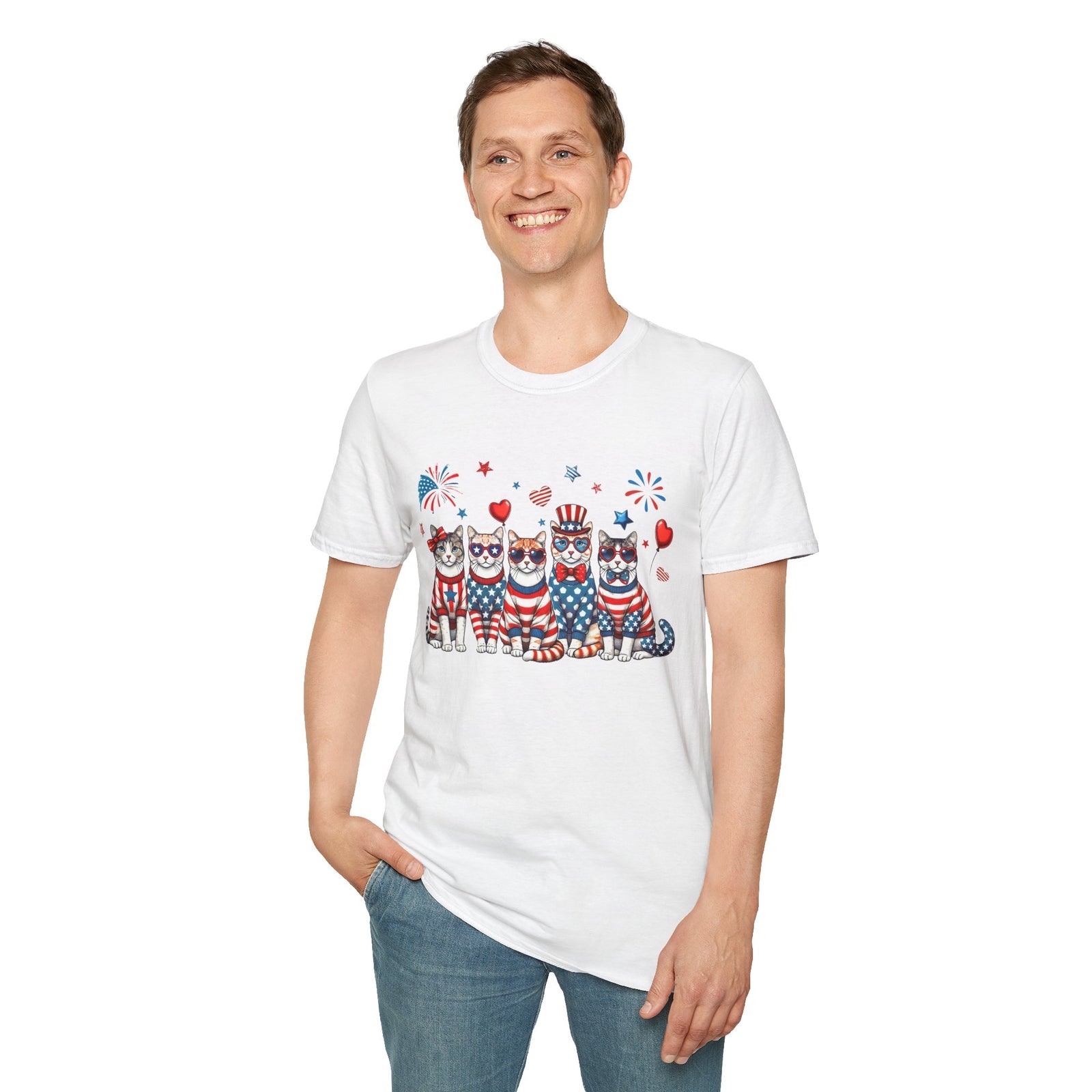 Patriotic Cat Unisex Softstyle T-Shirt for Fourth of July Celebrations