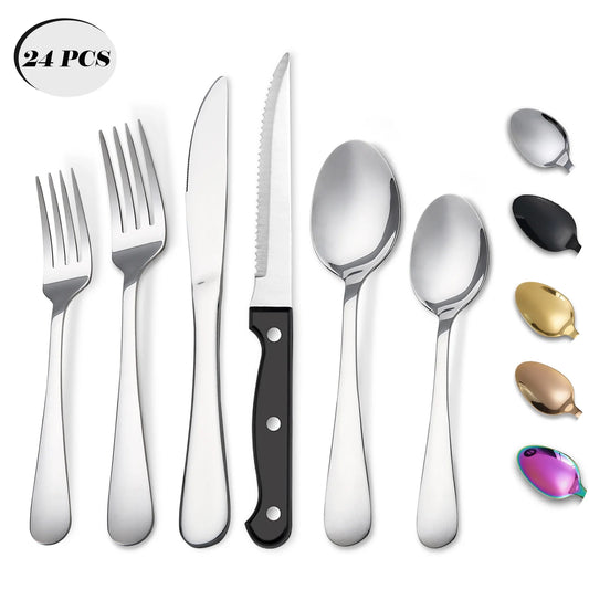 24 Piece Stainless Steel Flatware Set for 4, with Steak Knives, Mirror Polished Cutlery Utensil Set,Dishwasher Safe, Silver