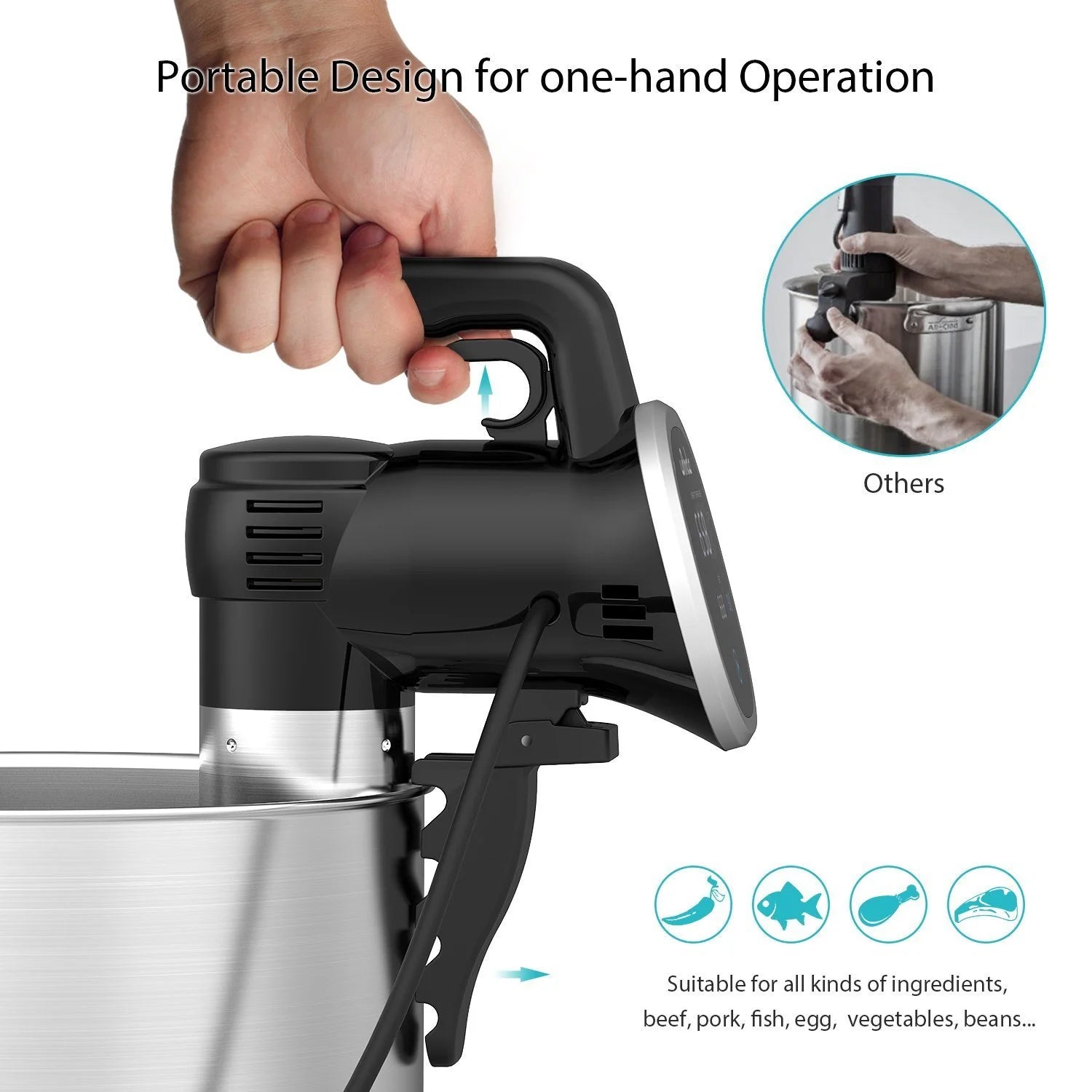 Sous Vide Cooker,  Thermal Immersion Circulator, with Recipe E-Cookbook, Accurate Temperature Digital Timer, Ultra-Quiet, 850 Watts, 120V, Stainless Steel/Black