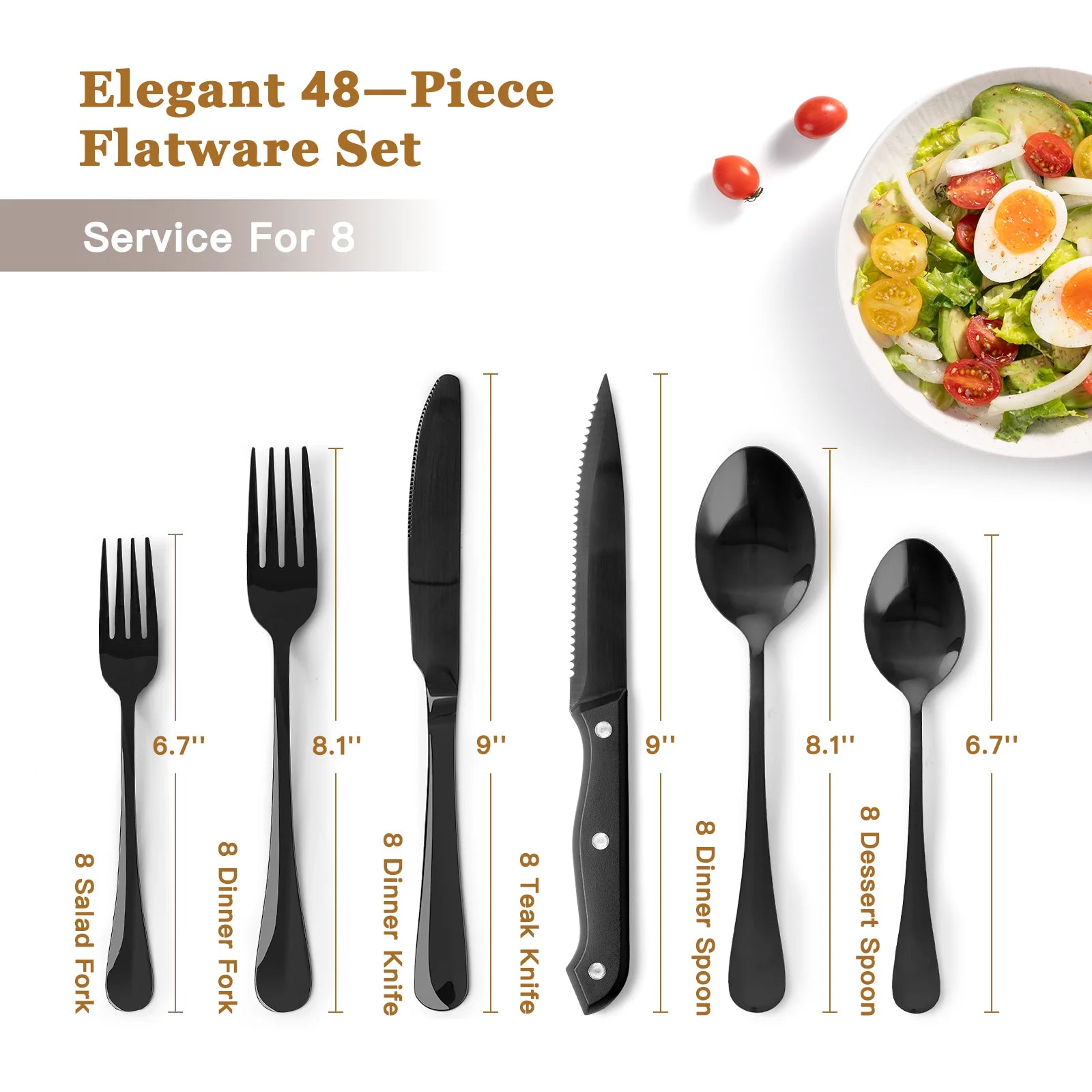 49-Pieces Black Silverware Set with Steak Knives, Black Flatware Set for 8, Food-Grade Stainless Steel Tableware Cutlery Set, Eating Mirror Polished Utensil Set for Home Restaurant
