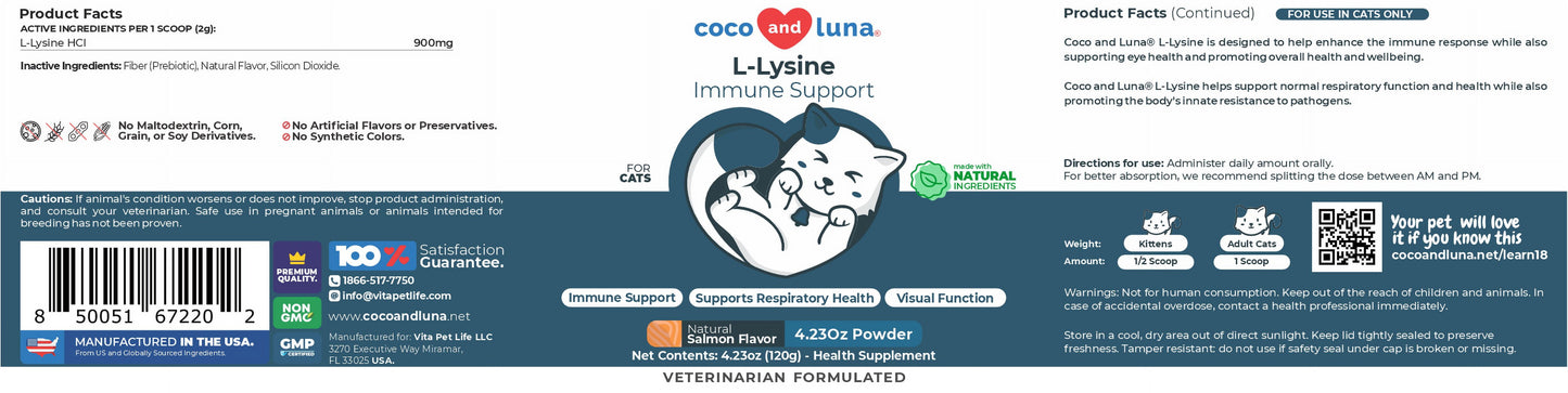 L-Lysine Supplement for Cats 900Mg/Scoop - Cat Supplement for Sneezing and Runny Nose, Cat Cold, Cat Immune Support, Eye Function, and Respiratory Health – Lysine Powder for Cat 4.23Oz