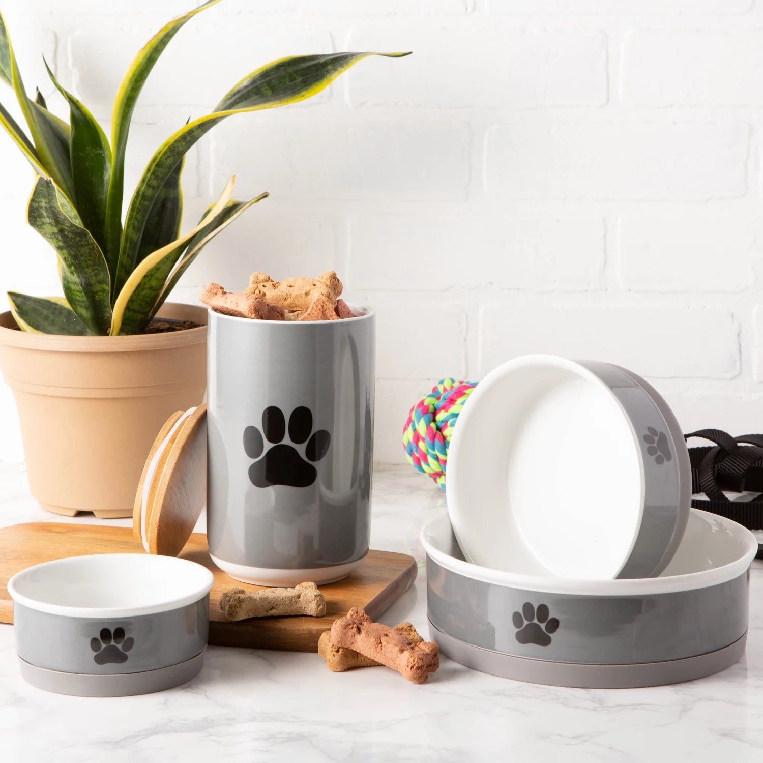 Dishwasher Safe Ceramic Pet Bowls, Small 4.25"x2", Gray/Black, Set of 2