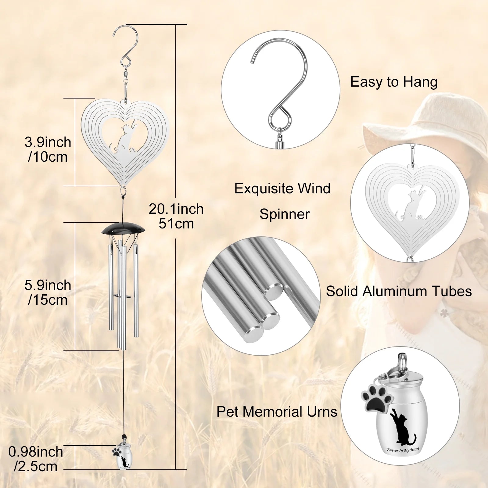 Pet Memorial Wind Chimes with Pet Urns,Cat Memorial Wind Spinner Gifts for Loss of Cat,Sympathy Gift for Garden Yard Decorations