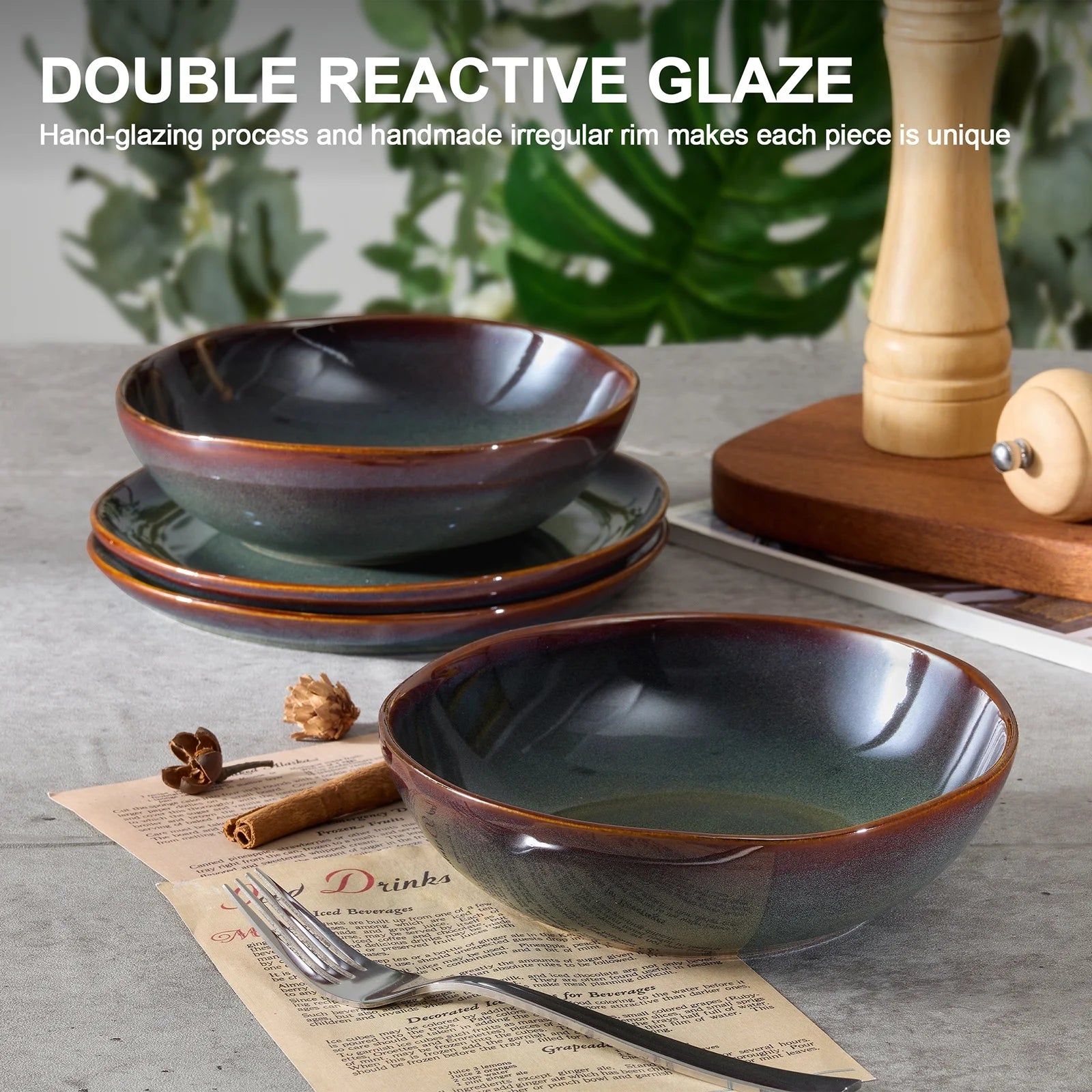 Dinnerware Set for 4, 12 Pieces Premium Stoneware Plates and Bowls Set, Handmade Reactive Glaze Dishes for Home, Chip & Scratch Resistant, Microwave and Dishwasher Safe - Forest Green