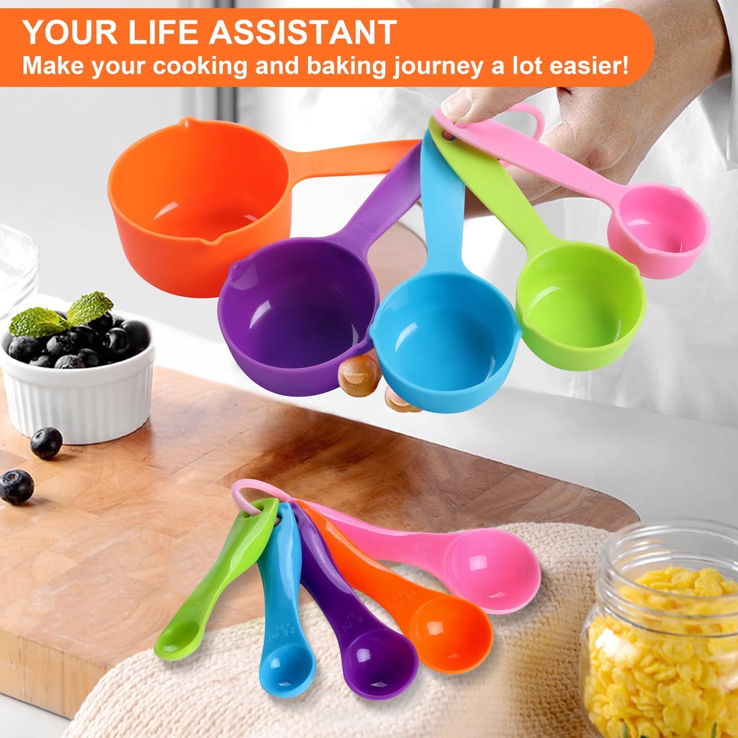 Measuring Cups and Spoons Set, 10-Piece Plastic Kitchen Measuring Set for Dry and Liquid Ingredient, Nesting Kitchen Gadgets for Cooking & Baking - Random Color