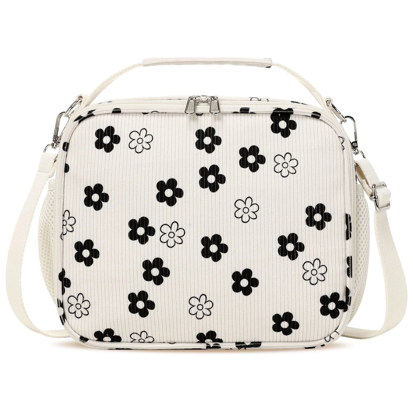 Black & White Floral Corduroy Lunch Bag - Handheld or Shoulder Carry Insulated Lunch Box