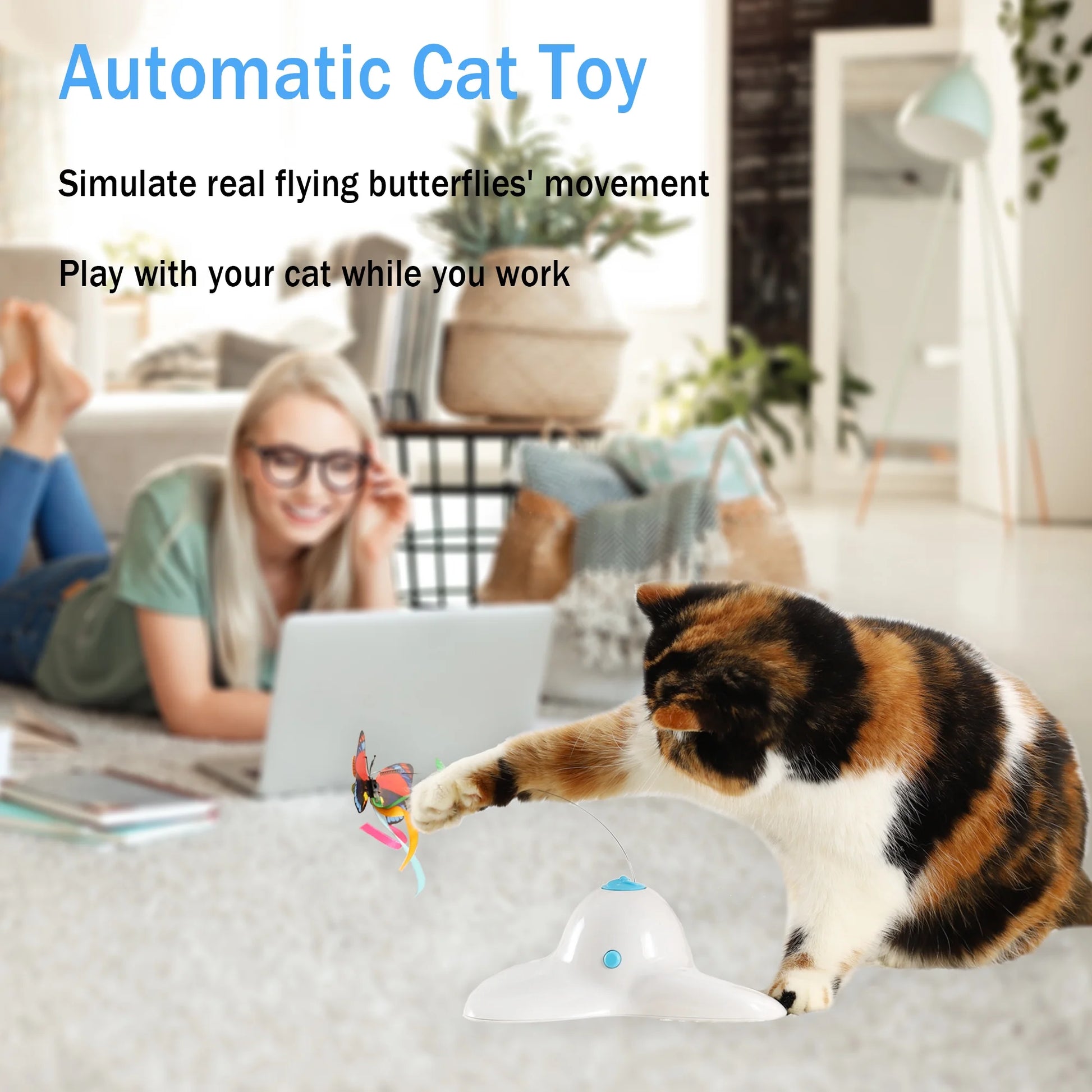Cat Toys Interactive Butterfly Kitty Toy Automatic Self Playing Kitten Companion Electric Rotating Teaser Butterfly for Indoor Kittens(White)