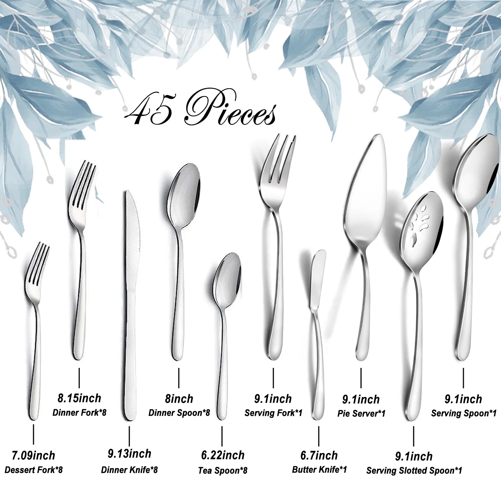 45 Pcs Silverware Set with Serving Utensils for 8, Food Grade Stainless Steel Flatware Cutlery Set for Home and Restaurant, Mirror Polished & Dishwasher Safe