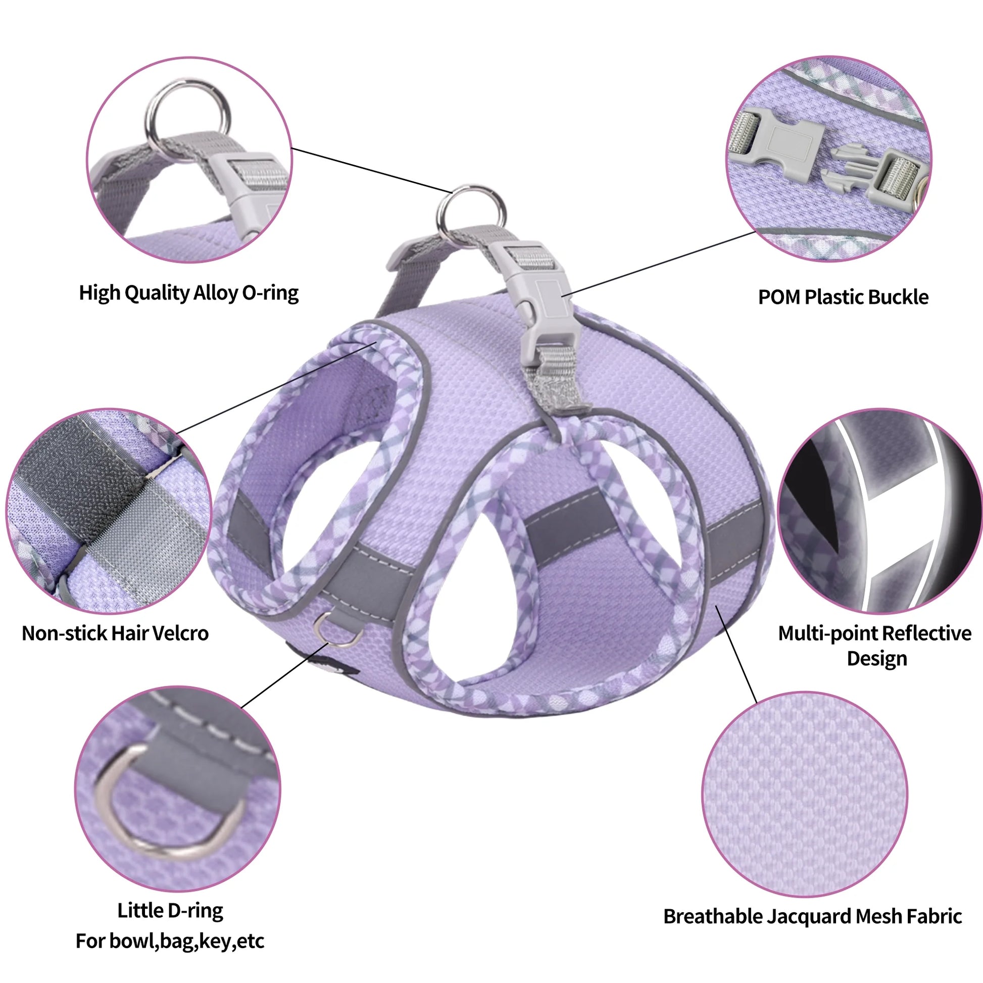 Extra Small Dog and Cat Harness with Leash, No-Pull Design, Quick-Release Buckle, Reflective Outdoor Vest in Purple, XXS