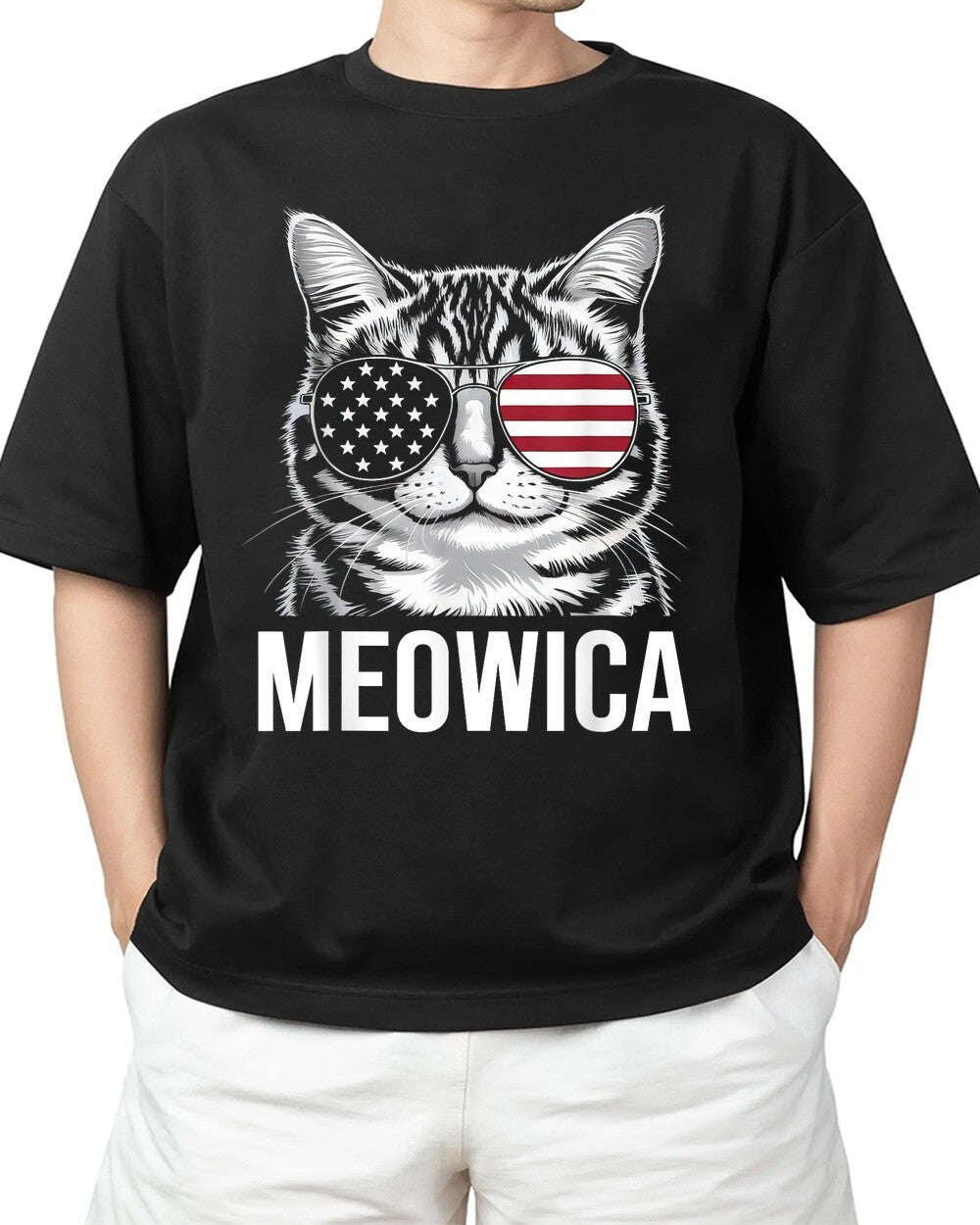 Meowica Cat Red White Blue USA American Flag 4Th of July Adult S-4XL T-Shirt