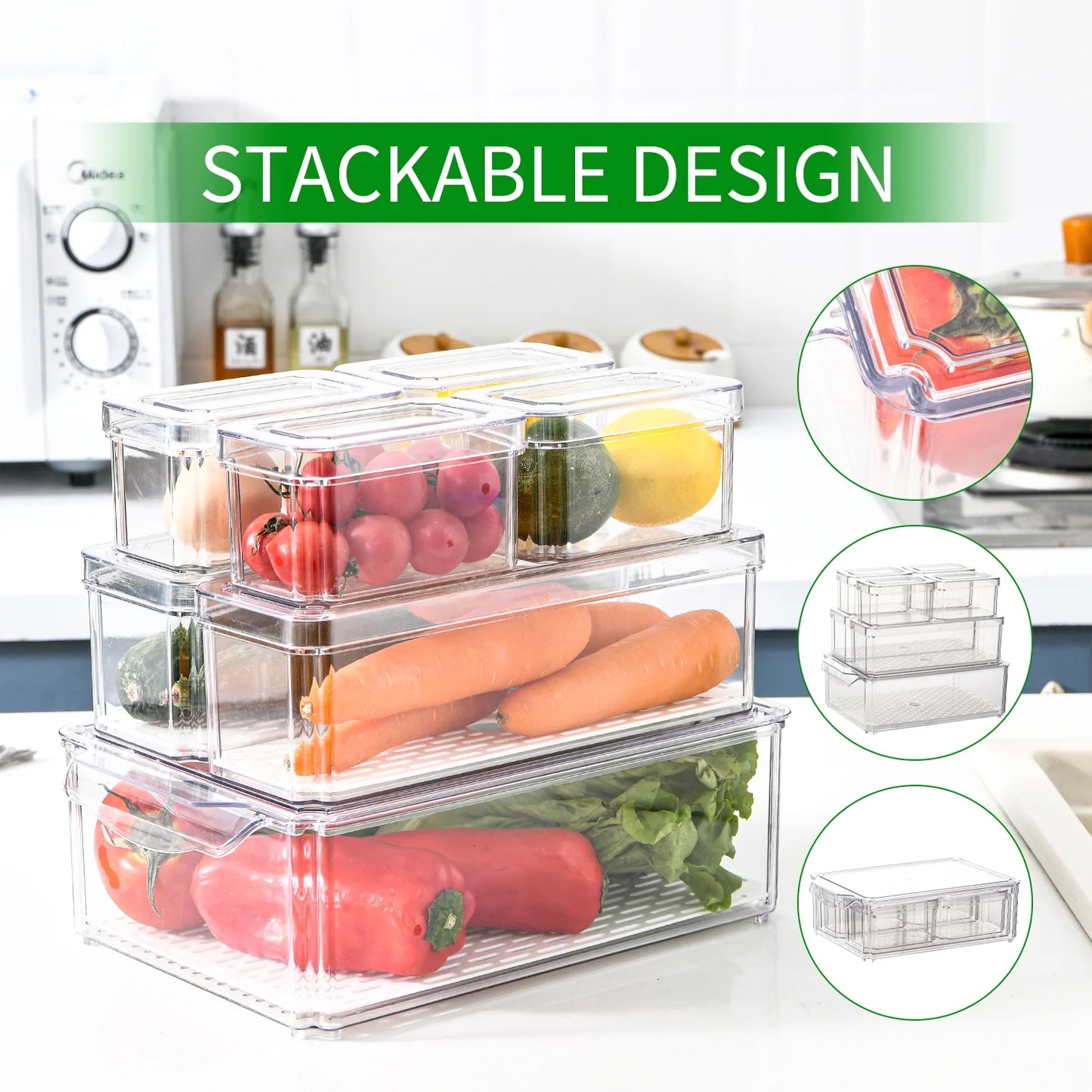 14 Pcs Fridge Organizers and Storage, Clear, Stackable with Lids for Fruit & Vegetables