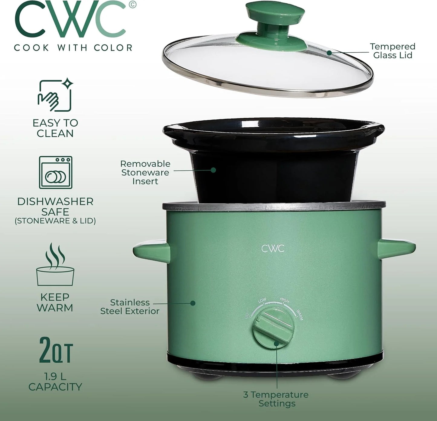 2-Quart Mini Slow Cooker with Removable Stoneware Pot, Dark Sage Green