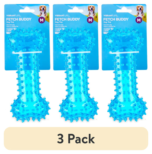 (3 Pack)  Fetch Buddy Spiky Blue Bone Dog Toy, Chew Level 3