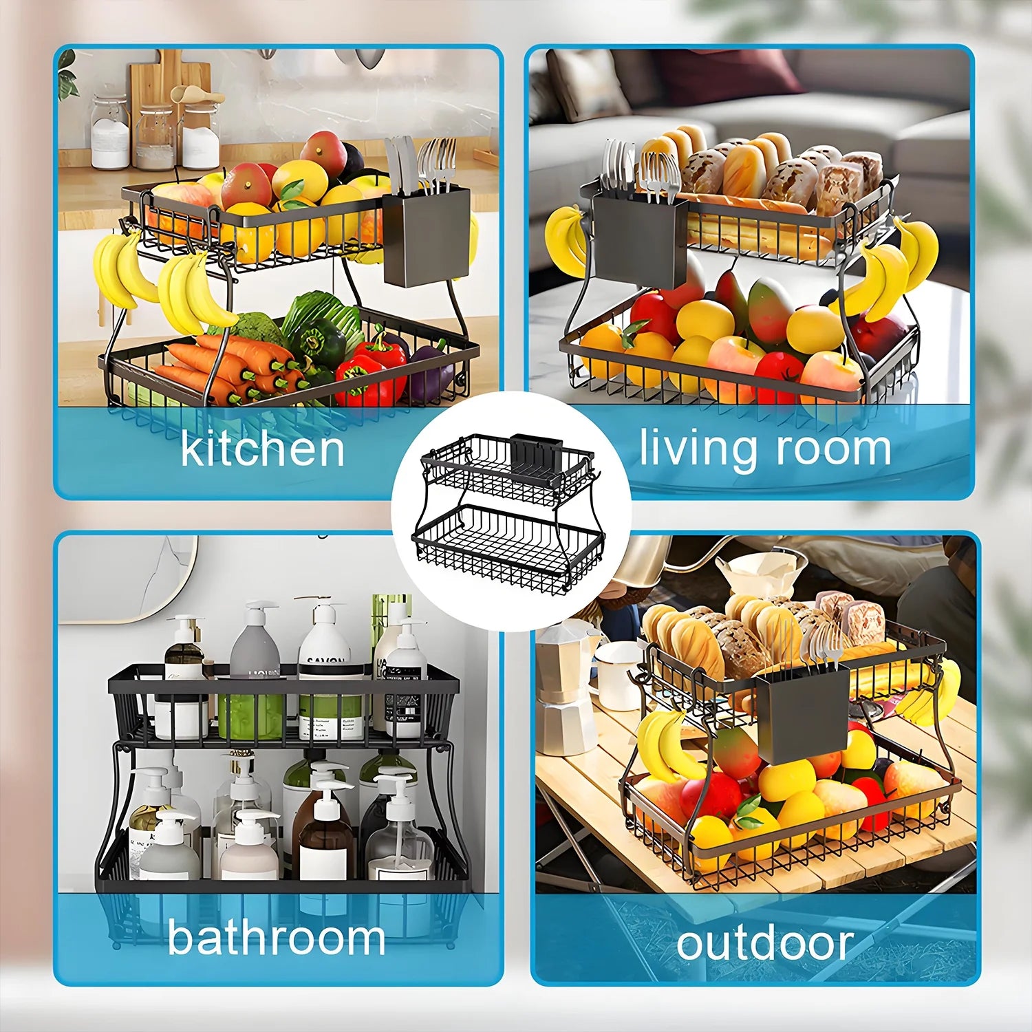 2-Tier Countertop Fruit Basket - Black Metal Organizer W/4 Banana Hooks & Knife Holder, 10X3X16In for Kitchen/Dining Room