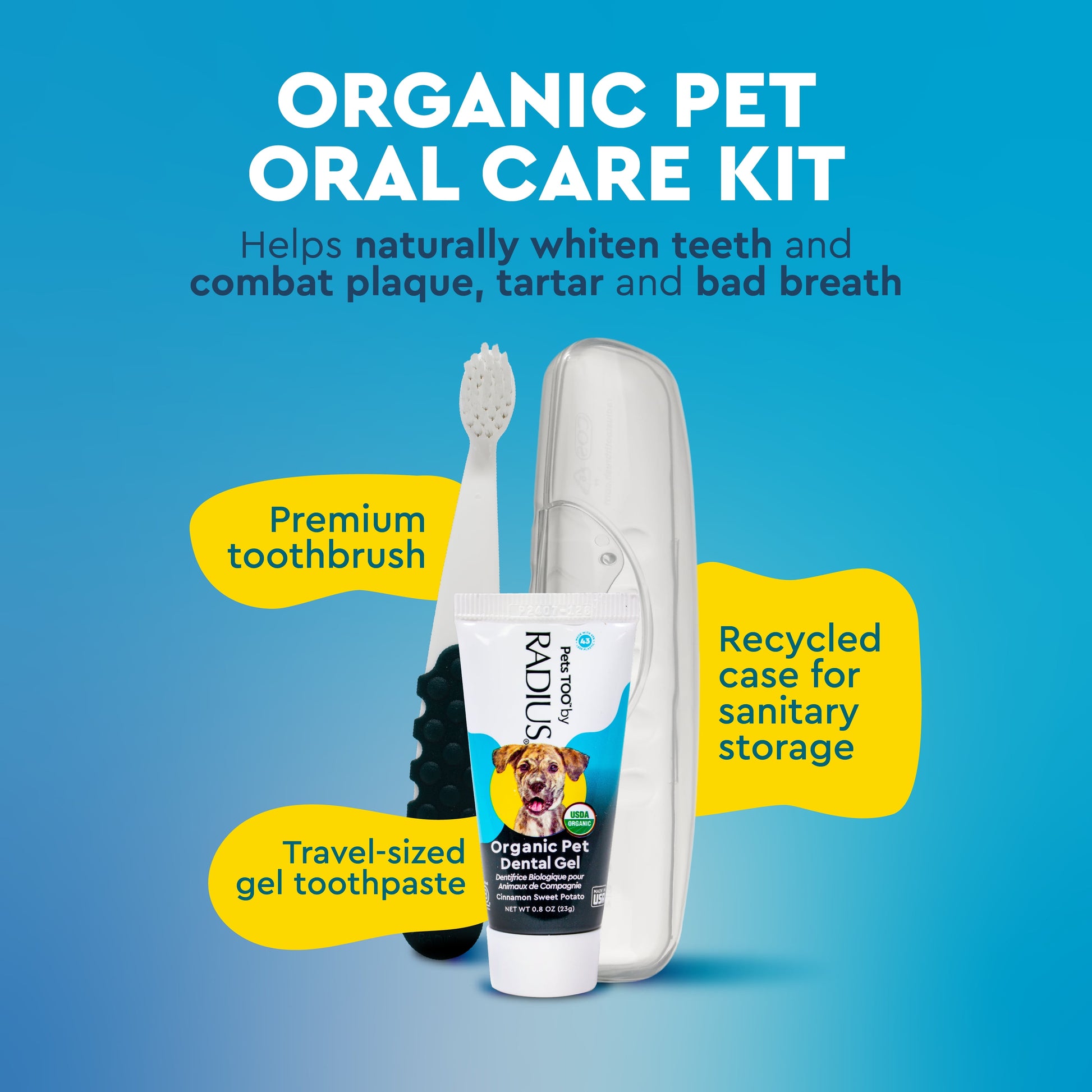 All Ages Dog Dental Kit, 1 Toothbrush, 0.8Oz Toothpaste, 1 Recycled Plastic Case, Clean Teeth