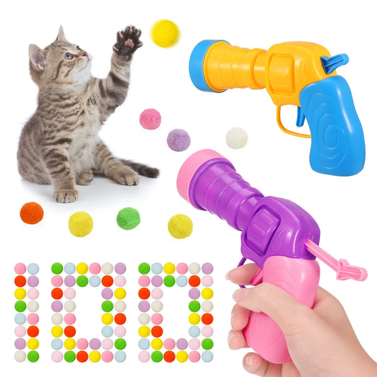 2 Pack Cat Toy Plush Ball Launcher Gun, Plush Ball Shooting Gun for Cats with 100 Pcs Pom Pom Ball for Indoor Cats