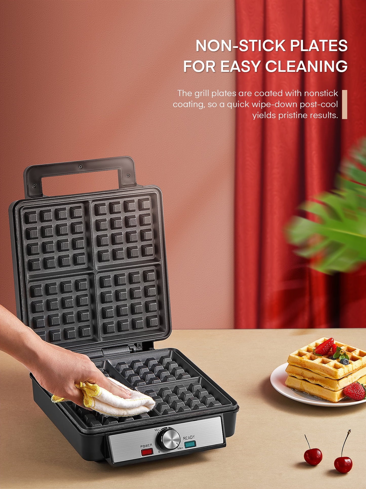 4-Waffle Electric Belgian Waffle Maker, Black Stainless Steel