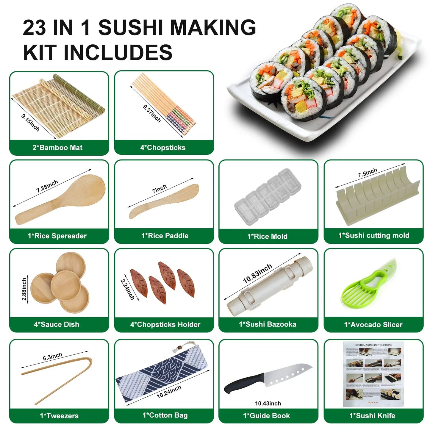 Sushi Making Kit, 23 in 1 Bamboo Sushi Maker Bazooka Sushi Roller Kit with Mat, Sushi Knife, Tweezers, Chopsticks and Holder, Mold, Dishes, Spreader Knife, Avocado Slicer, Bag