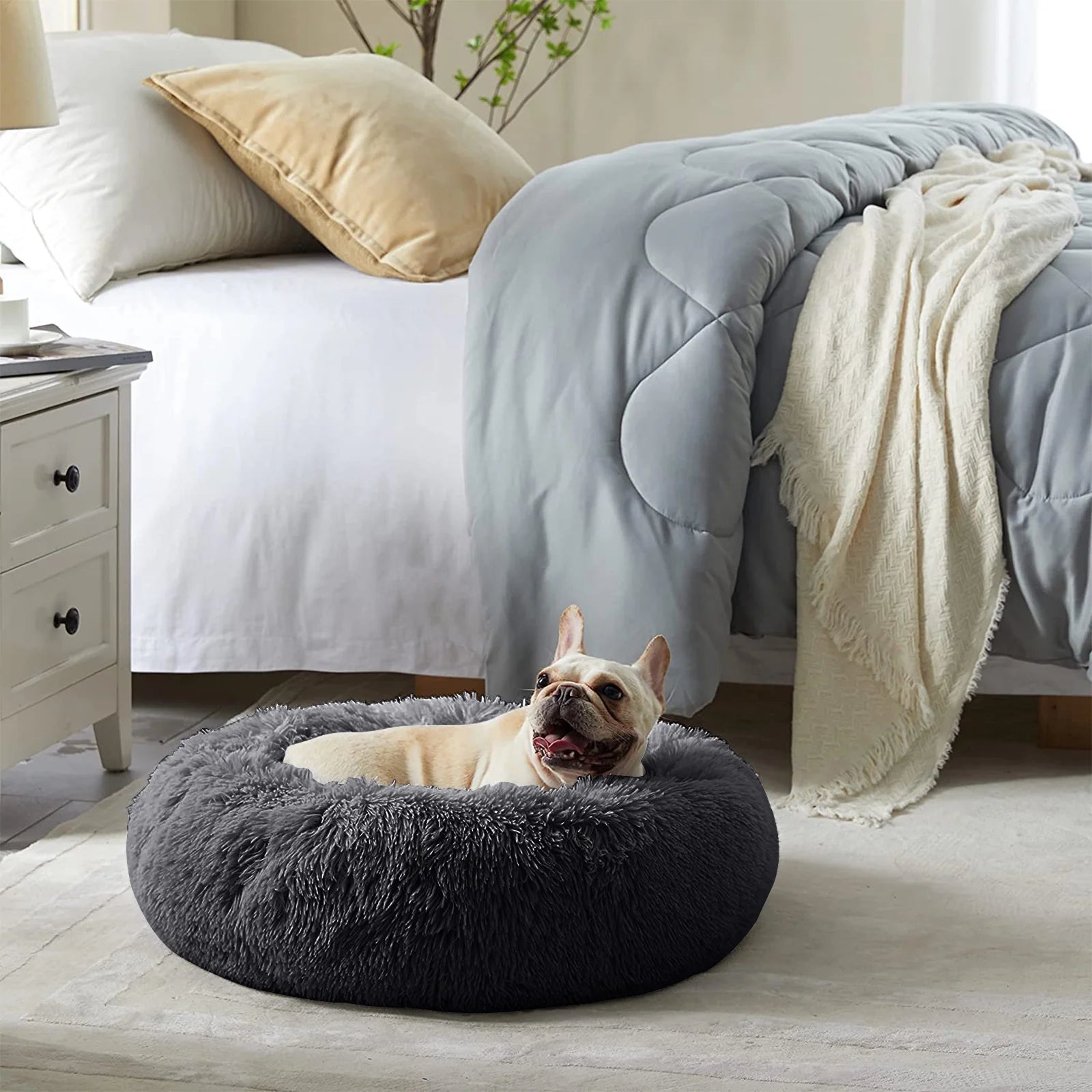 Calming Donut Dog Bed Anti-Anxiety, Self Warming, Cozy Soft Plush round Pet Bed, Ideal for Both Home & Travel, 24"L X 24"W X 8"H