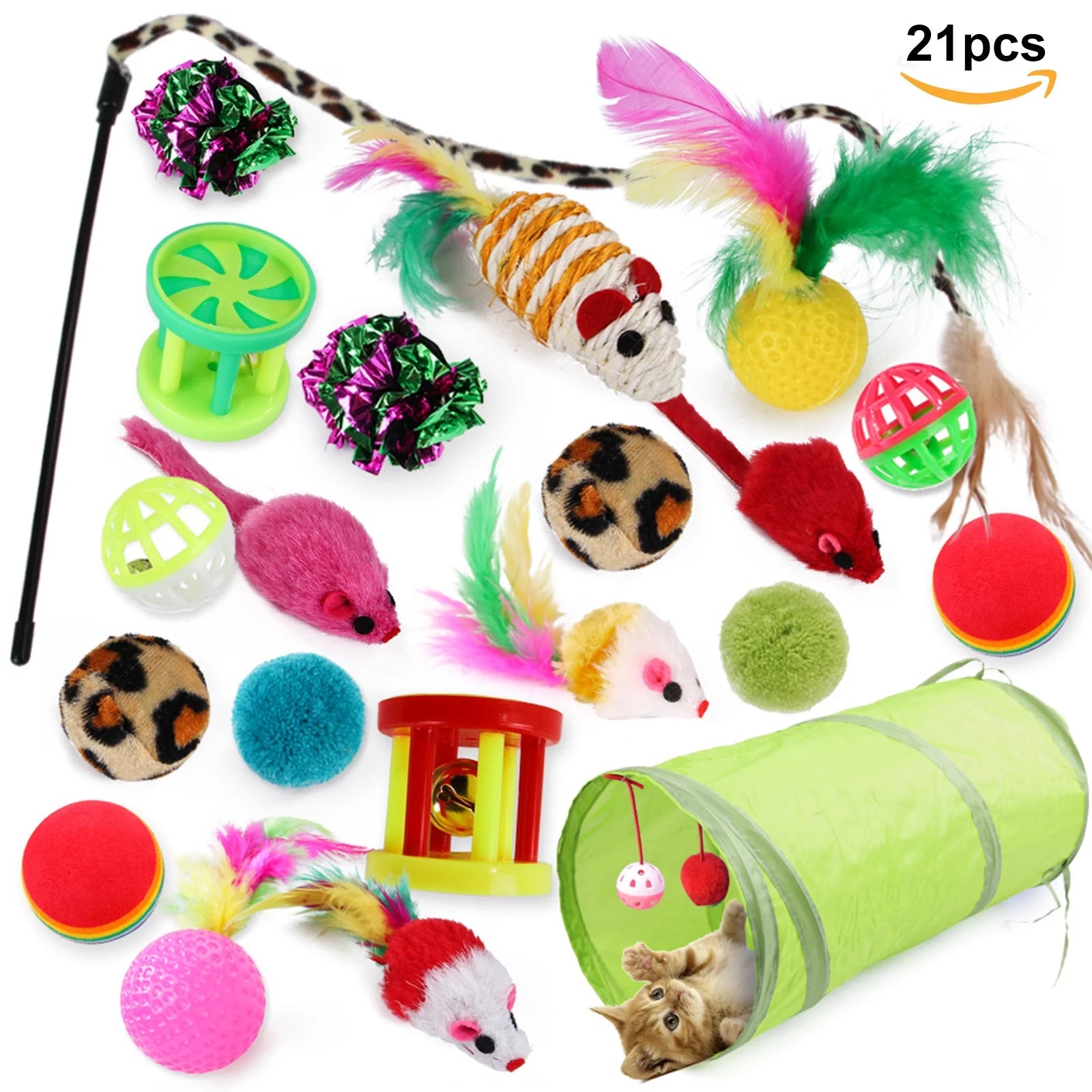 21-Piece Interactive Cat Toy Assortment with Tunnel, Teasers, Fluffy Mice, and Crinkle Balls
