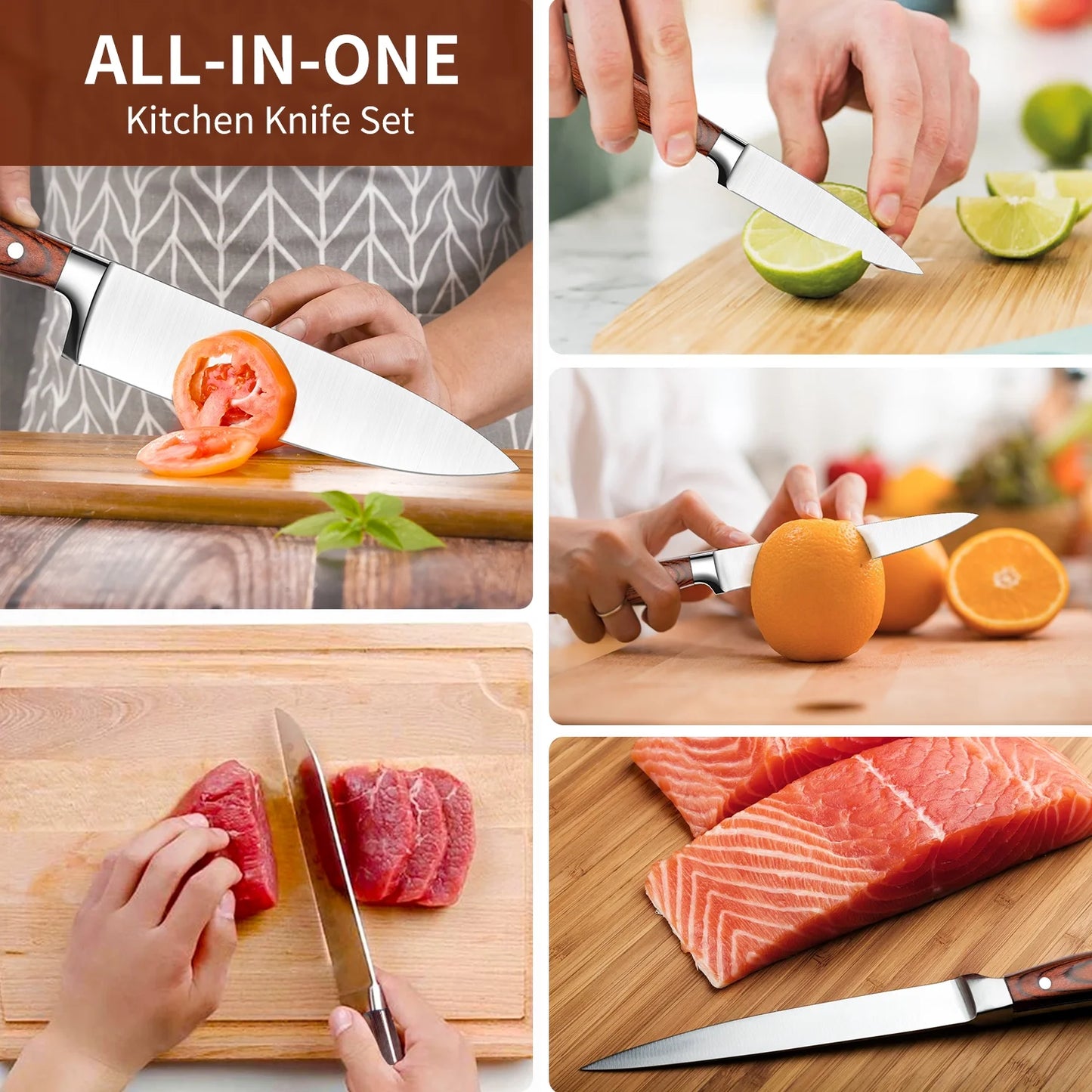 5 PCS Kitchen Knife Set, Ultra-Sharp Stainless Steel Chef Knives with Ergonomic Pakkawood Handles for Cooking and Chopping