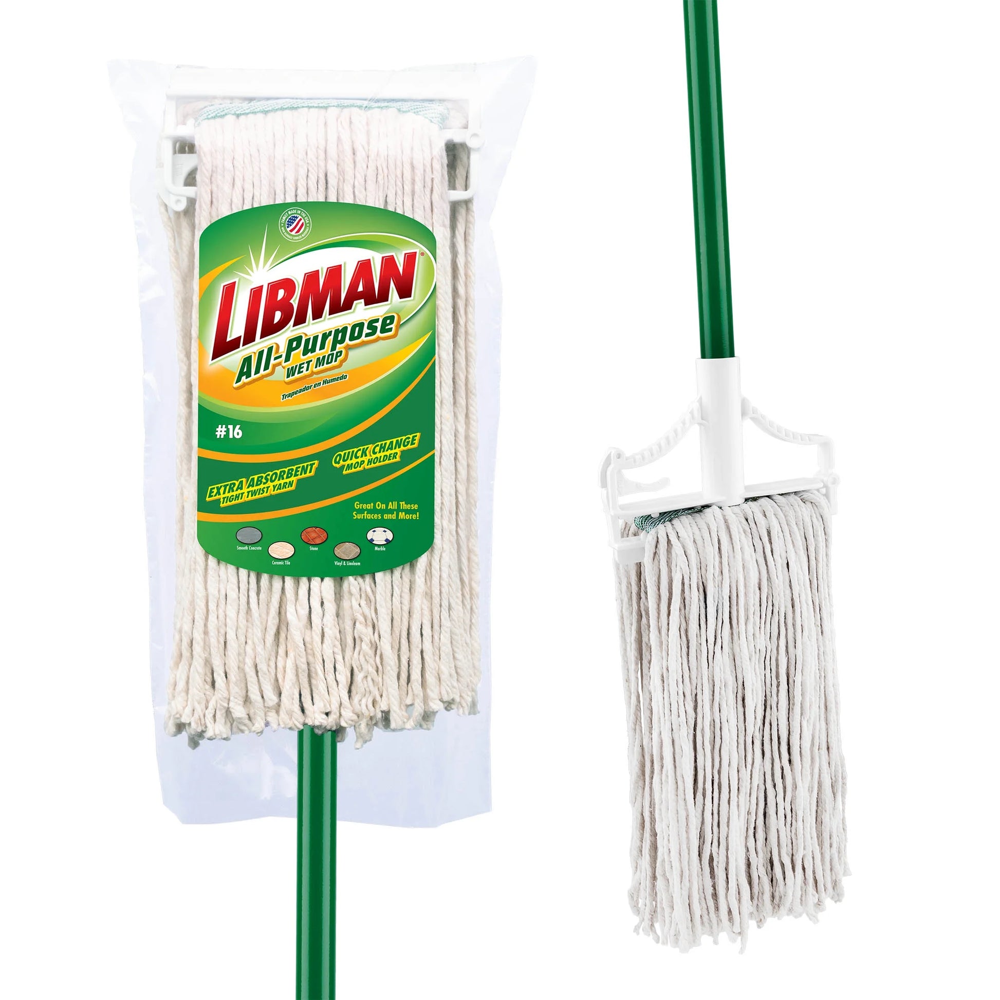 Household Wet Mop Cotton Blend Cut End Steel Handle Green White