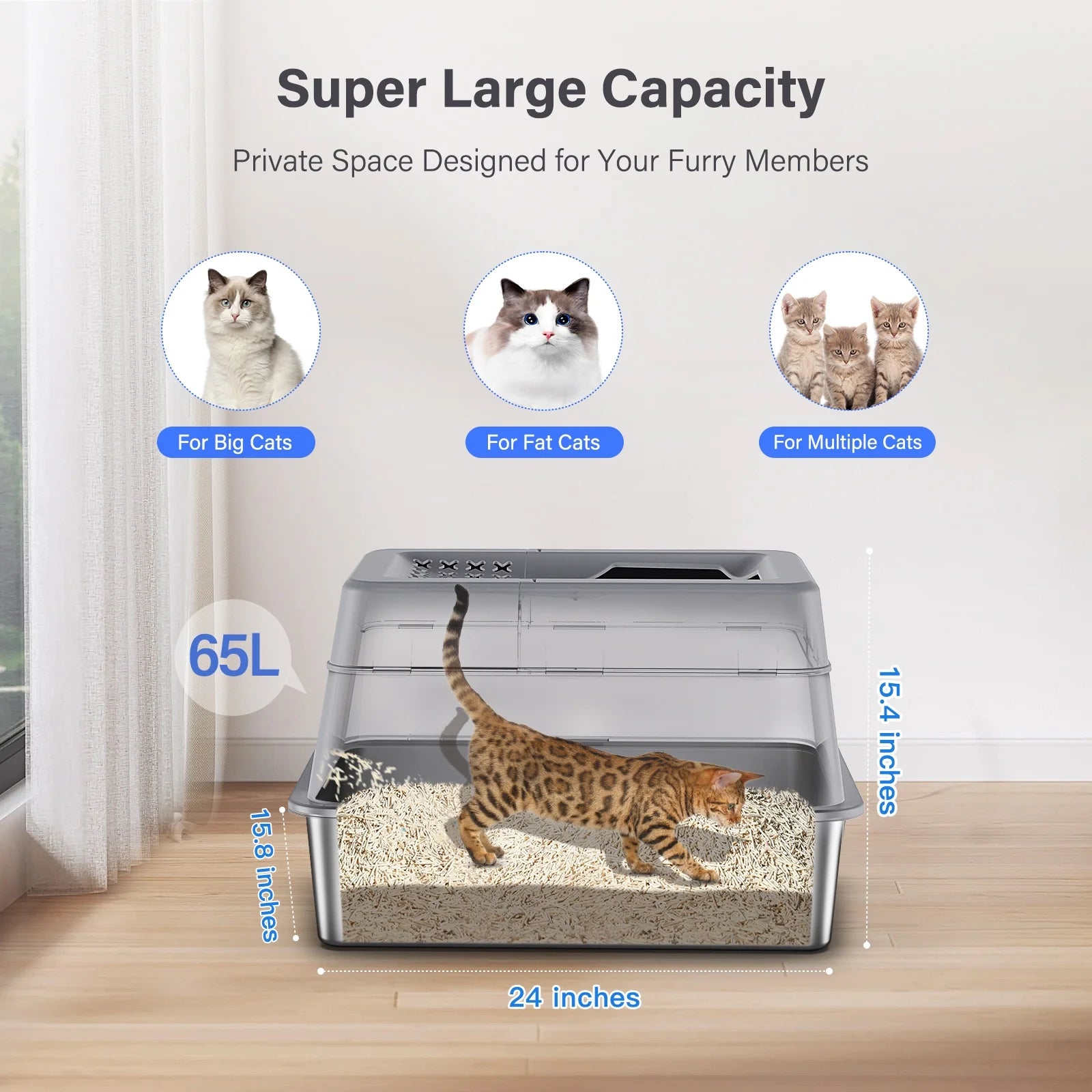 XL Stainless Steel High-Sided Cat Litter Box with Plastic Trays, Scoop, Storage Box, Filter Pedal, Gray