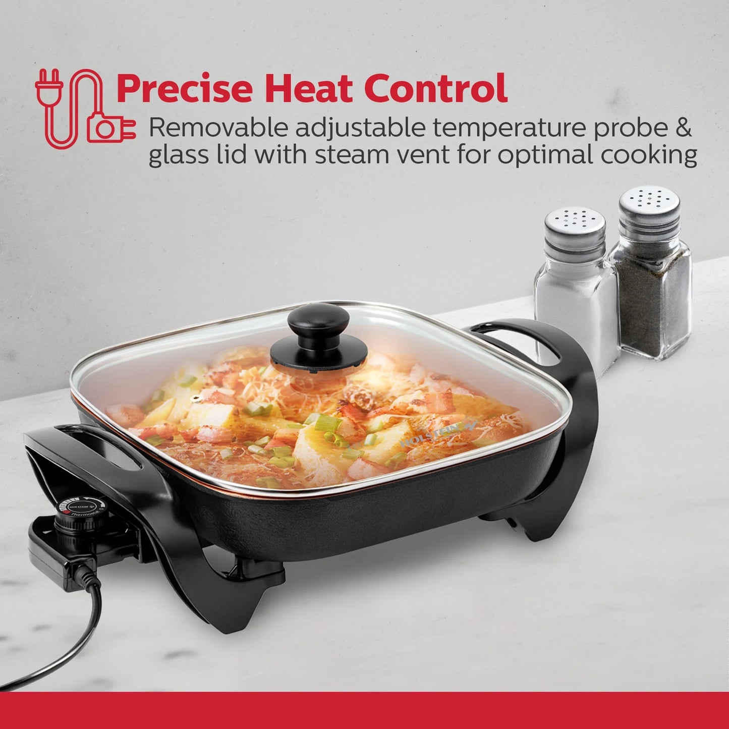 12-Inch Electric Skillet with Non-Stick Coating, Glass Lid, and Removable Probe, Copper and Black