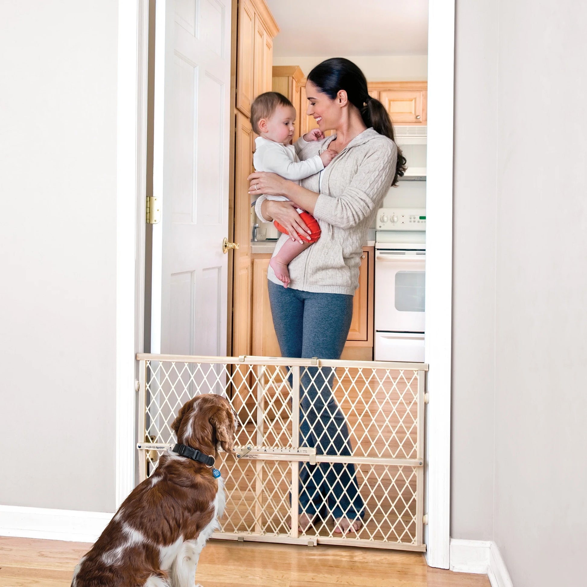 Adjustable Wood Baby Gate - Position & Lock Design, Natural Finish, Fits Openings 26 to 42 Inches Wide