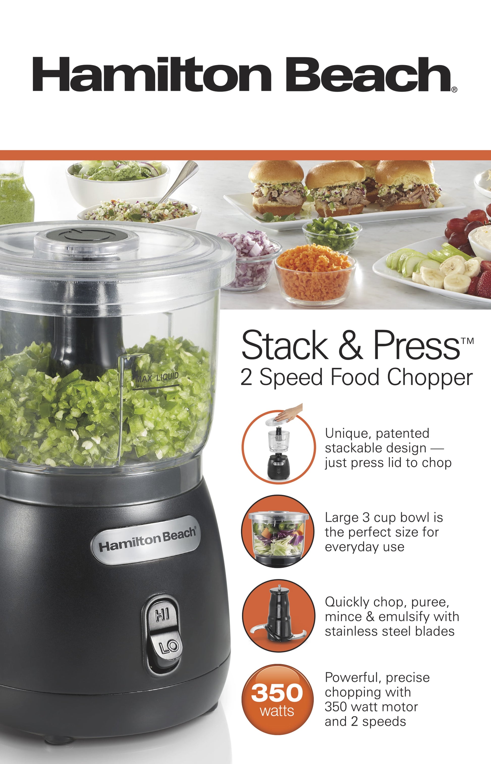 Stack & Press 2 Speed Food Chopper, 3 Cup Bowl Capacity, 72890F
