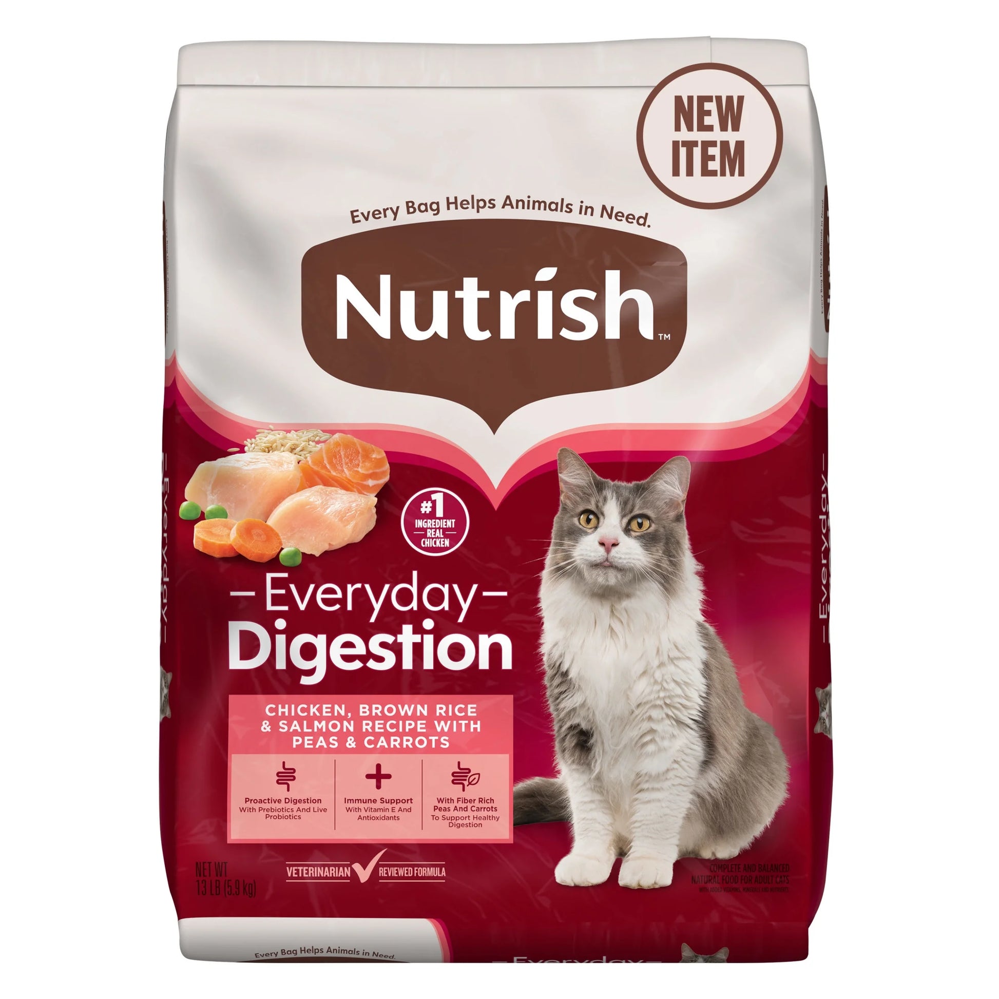 Everyday Digestion Chicken, Brown Rice, and Salmon Recipe with Vegetables Dry Cat Food, 13 lb Bag