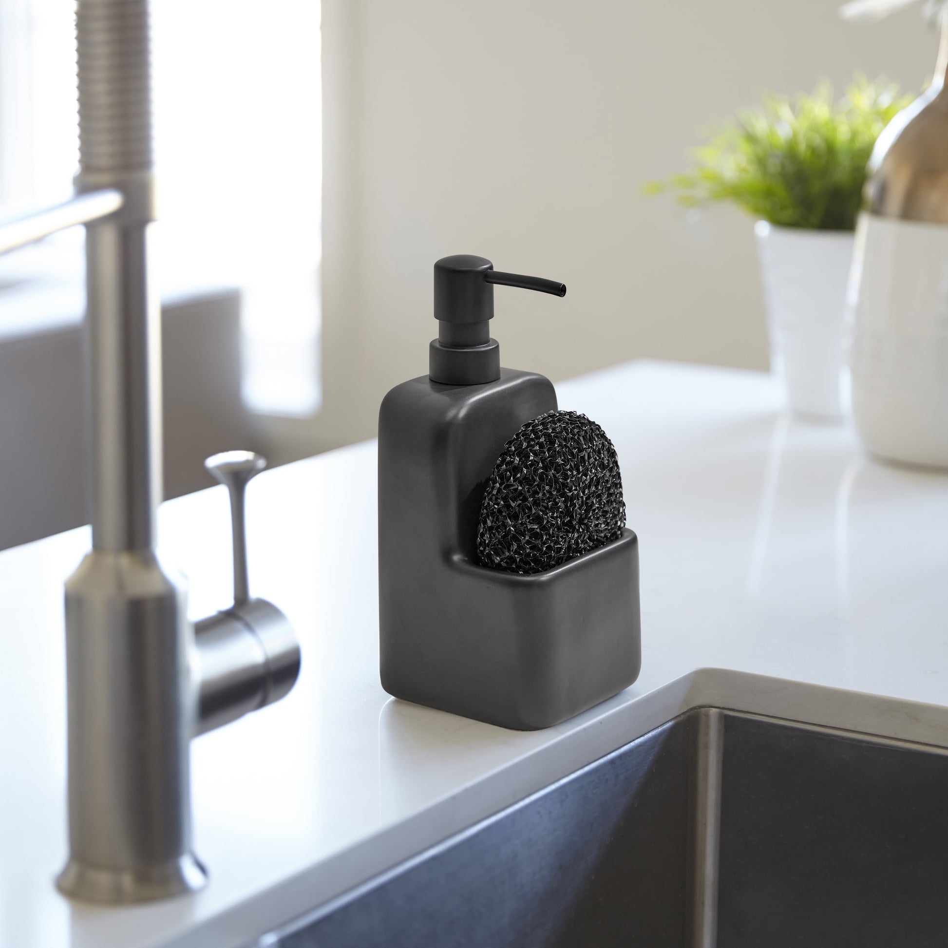 Ceramic Liquid Soap Pump with Sponge Caddy Black Ceramic